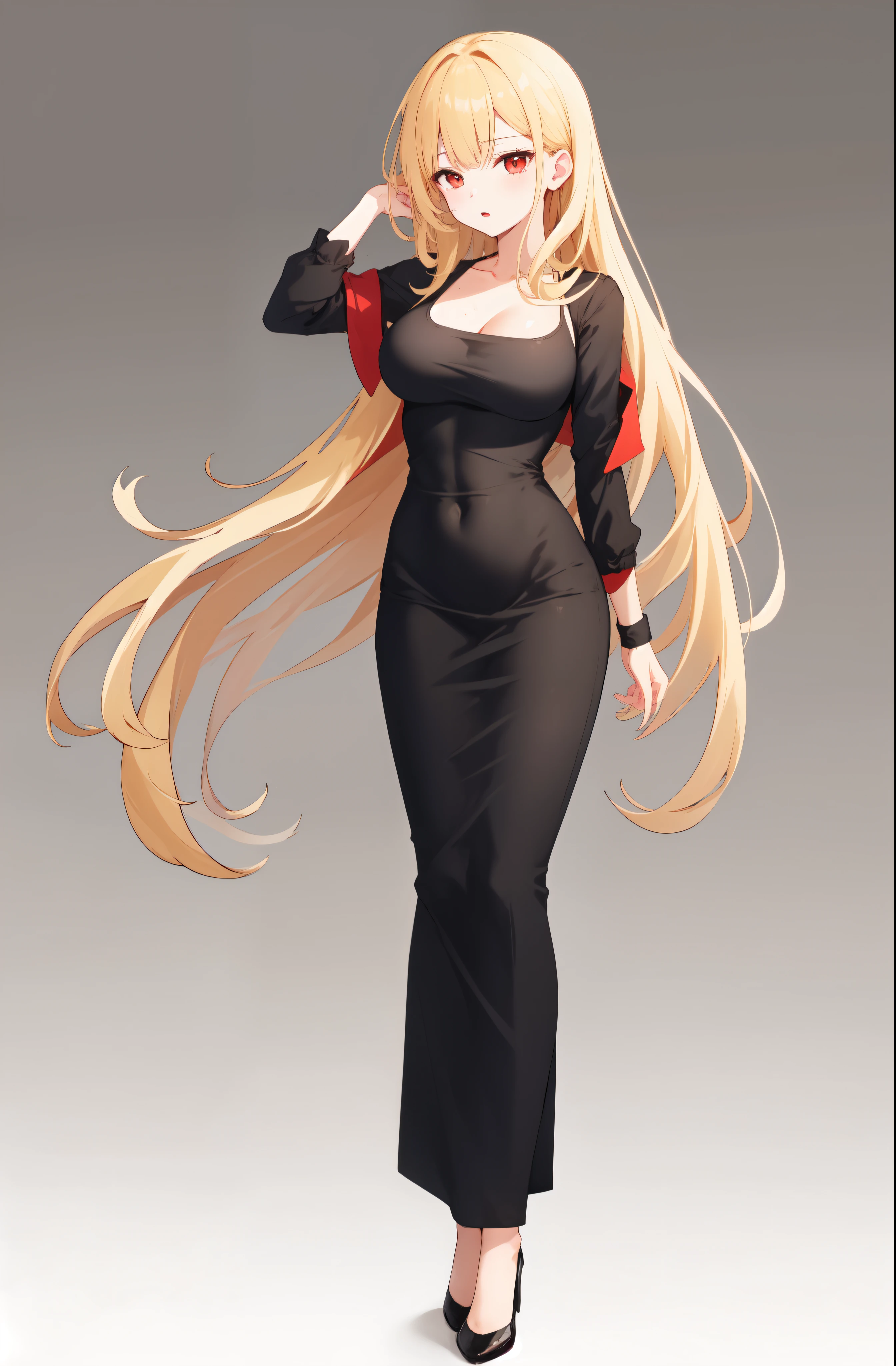 masterpiece, dress, black dress, Black dress, Black Dress, dongtan dress, Dongtan dress, Dongtan Dress, black dongtan dress, Black dongtan dress, Black Dongtan Dress, highres, Super detailed, very detailed, highest quality, best quality, super detailed, standing, high quality, high-definition, extremely detailed, mature female, full body drawing, Full body drawing, straight body, slender body, Slender body, Slender Body, (large breasts), (masterpiece), (best quality), (hyperdetail), (illustration), ((extremely delicate and beautiful)), (detailed light), (prefect's body), hanging hand over head, {{{{{long hair, Long hair, Blonde hair, blonde hair, blonde, Blonde, Red eye, red eye, Red Eye, binyeo, Binyeo}}}}}, sexy, sexy belly line