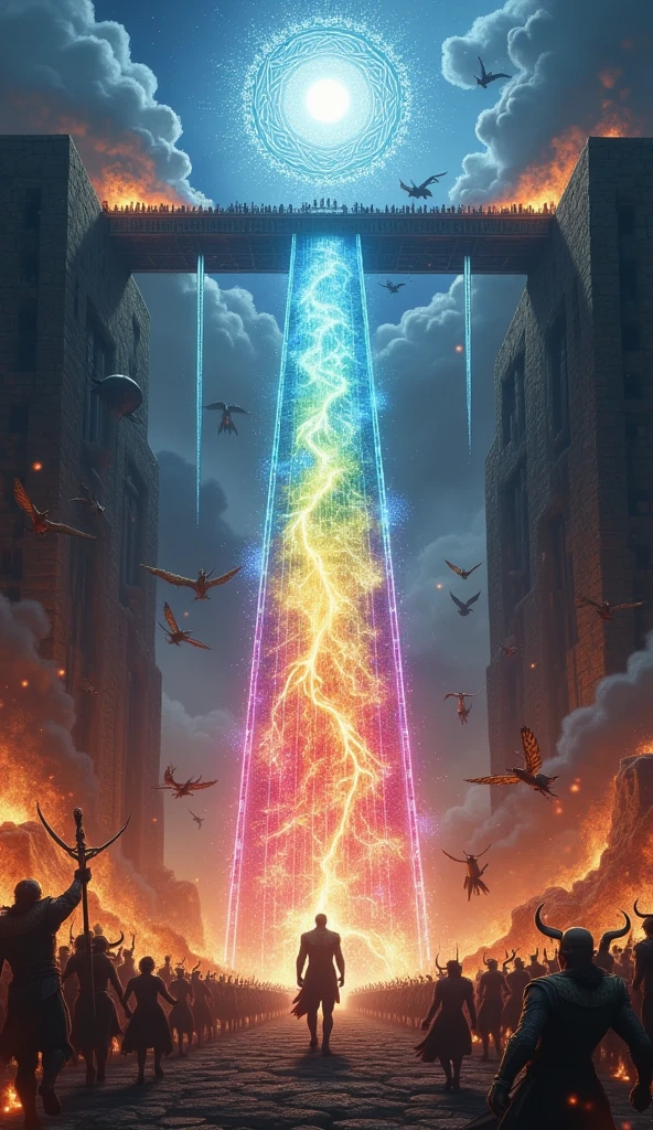 beautiful crystal-clear rainbow color transparent bridge, connecting the sky-land\(Asgard,heaven, many Æsir gods) and earth\(Midgard,the world of human, jotun army rushing to rainbow\). on the rainbow Heimdall\(God,man, golden teeth,white skin,holding beautiful horn\) and Loki\(god, very beautiful man,evil smile\) are battling viciously. Ragnarök. everywhere burning ruinous heavy fire.
