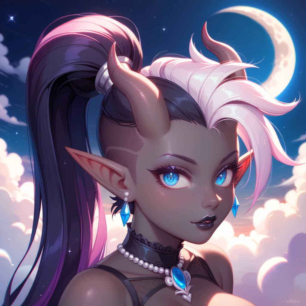 score_9, score_8_up, score_7_up, ((Masterpiece)), ((highres)), ((1person, 1girl, 1female)), Random poses, beautifully detailed succubus girl, ((white mohawk w/ponytail)), defined elf ears with ear guages, defined eyes, pastel iris, long eye lashes, defined nose, black lipstick, curvy, (((Black skin))), black demon horns, breasts, night sky, pastel gothic style, gothic style art, gothic asthetic, ((Standing in a dense foresty area with clouds and a moon over head)), bust shot, rounded corners