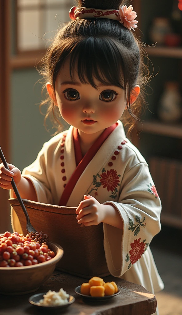 There is a woman and a baby looking at a bowl, Niwanchantara, young , 2 years old, Child, Tawanduchani, yanjun chengt, innocent look, young wan angel, mine, That's it, He is about 2 years old5 years old, innocent face, He is about 30 years old