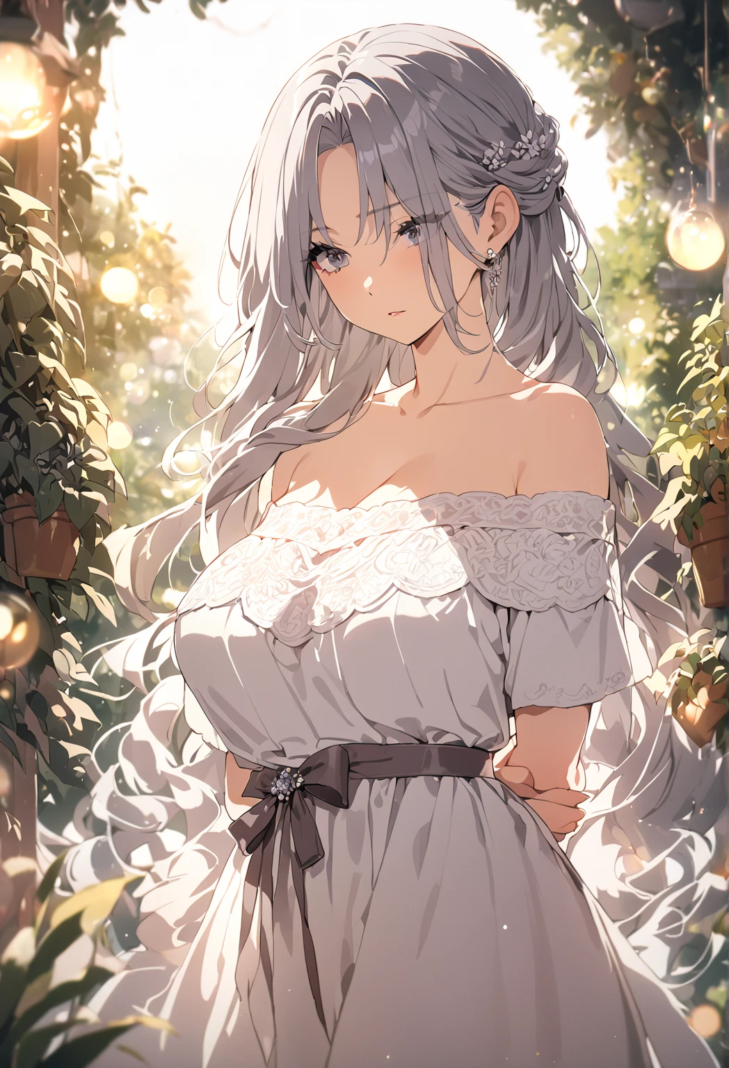 ((best quality)), ((masterpiece)), (detailed), (1 girl), housewife, big breast, silver long hair, parted bangs, ((mature woman)), grey eyes, stoic expression, arms are behind her back, (Off shoulder princess dress), warm natural lighting, cinematic depth of field, vibrant bokeh effect, serene outdoor setting with tasteful decor, garden, atmosphere of comfort and elegance, ethereal and lifelike presentation