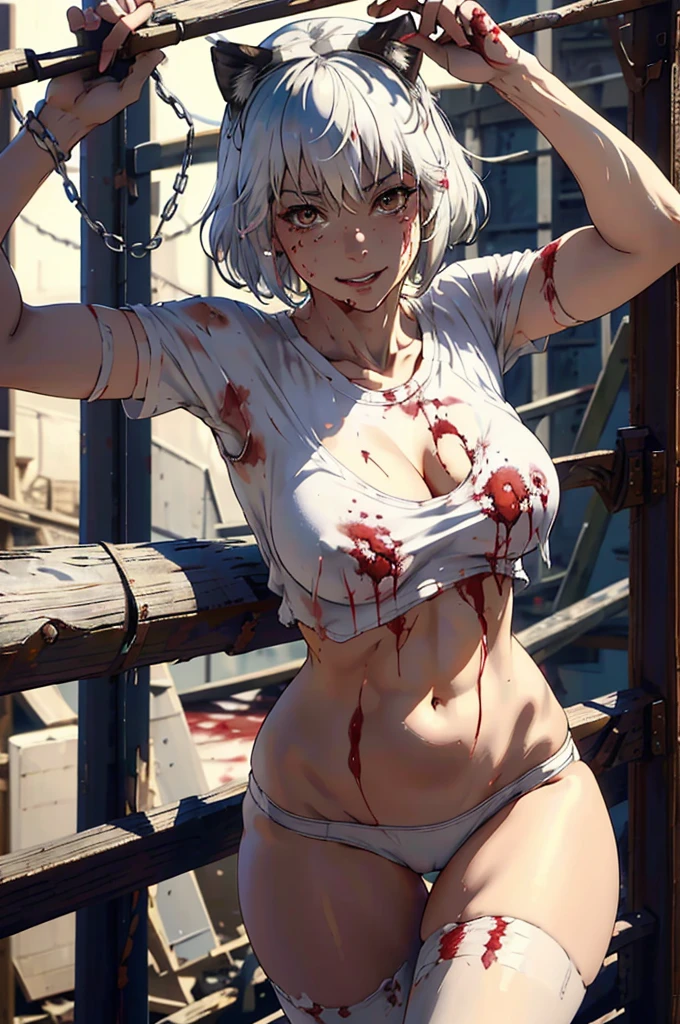 masterpiece,  Best Quality ,  highres icon, 1 , Alone,  animal ears , white hair,  short hair,  brown eyes , tail,  medium tits, navel,  white panties , t-shirt,  cleavage,  upper body, standing, smile,  prison, ((blood on the face)), blood on the hand, Assassin