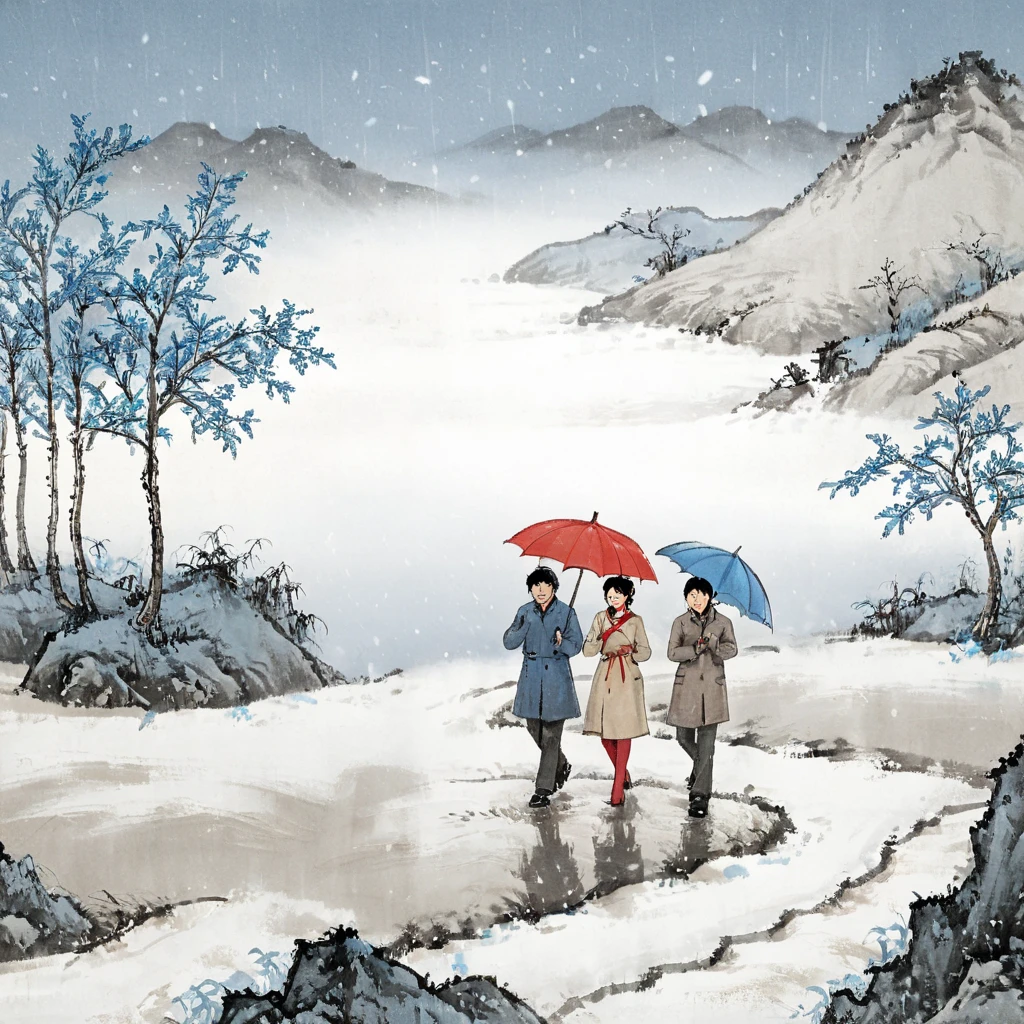 surrealist art Chinese painting,Ink Painting，ink wash painting，ink water， idyllic winter scenery in northern China ，Snowflakes are falling， Two people walking on a country road with umbrellas，red umbrella ， blue umbrella，No snow on the ground ， traditional Chinese brushwork ， official art ，羊皮纸水彩Ink Painting，Minimalism，Beige gray ，Rice paper texture， Very high resolution details,photographic, Extremely Realistic ,Fine texture, Incredibly realistic 