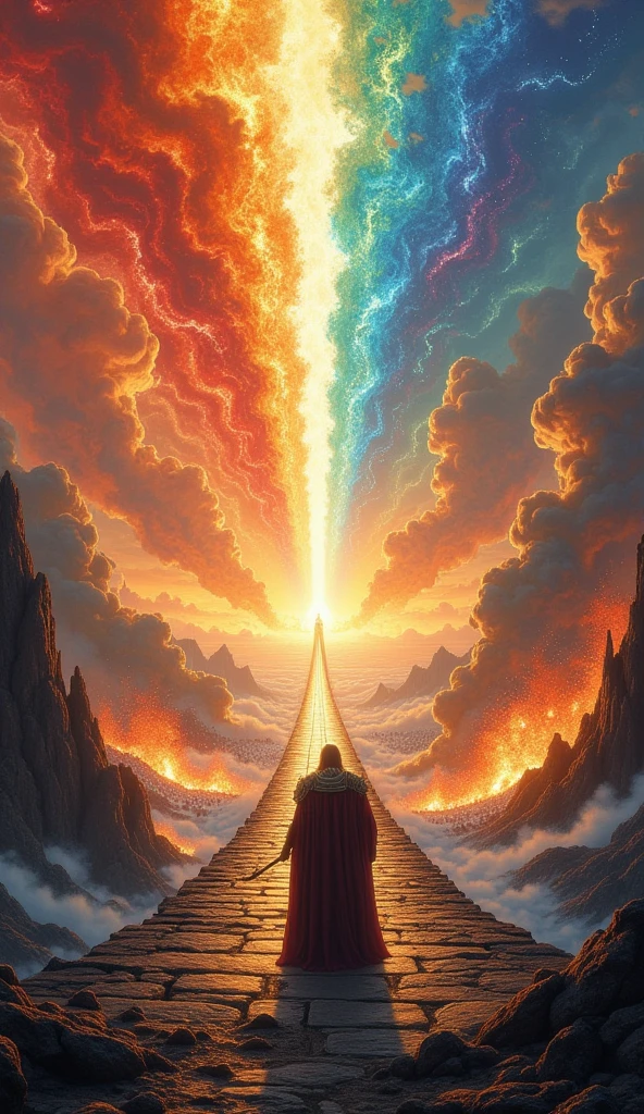 beautiful crystal-clear rainbow color transparent bridge, connecting the sky-land\(Asgard,heaven, many Æsir gods) and earth\(Midgard,the world of human, jotun army advancing\). 2gods\(Heimdall\(God,man, golden teeth,white skin,holding beautiful horn\) and Loki\(god, very beautiful man,evil smile\)\) fighting at rainbow. Ragnarök. everywhere burning with ruinous heavy fire.