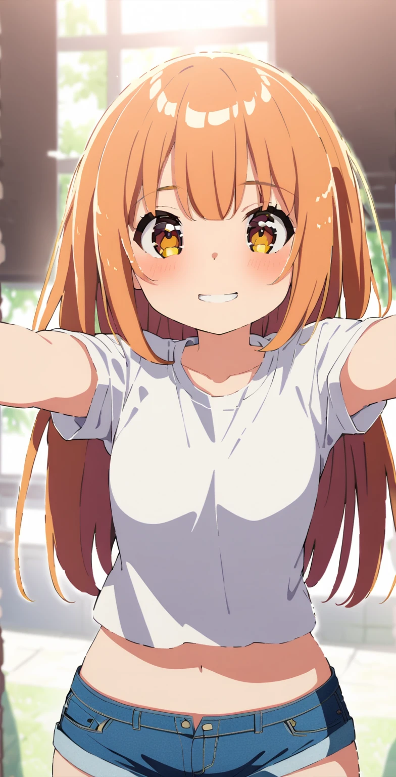 nagatoro :   A cute girl dressed in a t-shirt and short denim shorts,Sensual,     in front of me , opening arms ,  outstretched arms , With a second-intention smile .