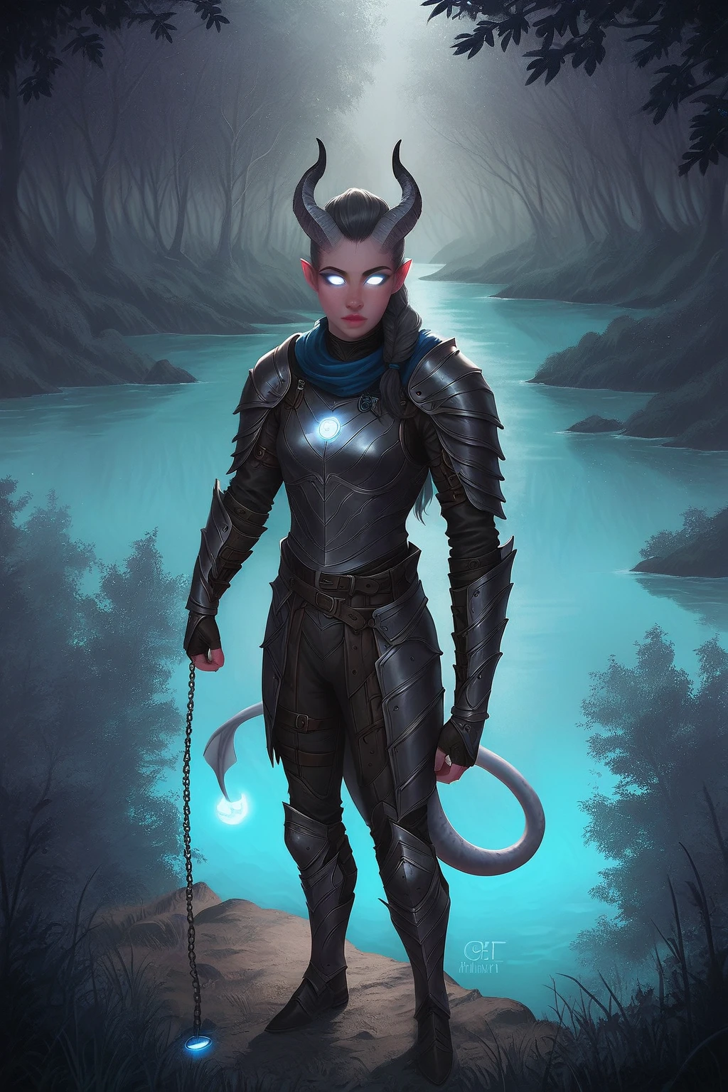  dark forest,  trees with long black branches, lake with cold clear water , ((1Tiefling  ,  expressive face  ,  curious   ( grey irises ,  white glowing eyes ),  blue and white pupils on the shore ) , (27 years old) , ( small thick dark gray segmented straight horns  ,  girl , blue-grey leather, stands at half a turn, looking over shoulder,  dark grey hair,  small nose , small lips, ((dark blue leather )), (long, thick, armoured blue-grey tail), (presses his tail against his body with his hand ), (easy ,  grey full-body leather armor, Blue lining,  under the armor, chain mail looks out ,  on the base of the tail, a belt with attached daggers,  gray leather armor ), dark grey pants), One,  full length, Against the background of a dark forest, stands in the water of a lake with clear water, blue tones (distance view . The camera is tilted 30 degrees,  view from above ,  near the ground ) )  Epic digital fantasy art style ,  epic fantasy style ,  extremely detailed artgerm , (Fantasy 4k art), anime art,  fine art .