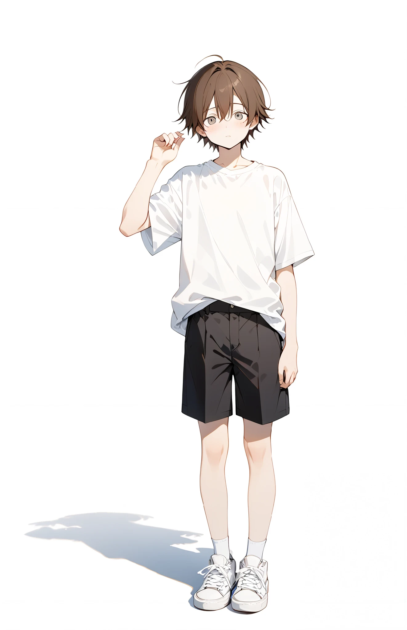 Droopy eyes、masterpiece、Bestquality,Brown hair medium、Black shorts、 white sneakers、 plain white t-shirt without logo、15 O 、Junior high school students、 boys