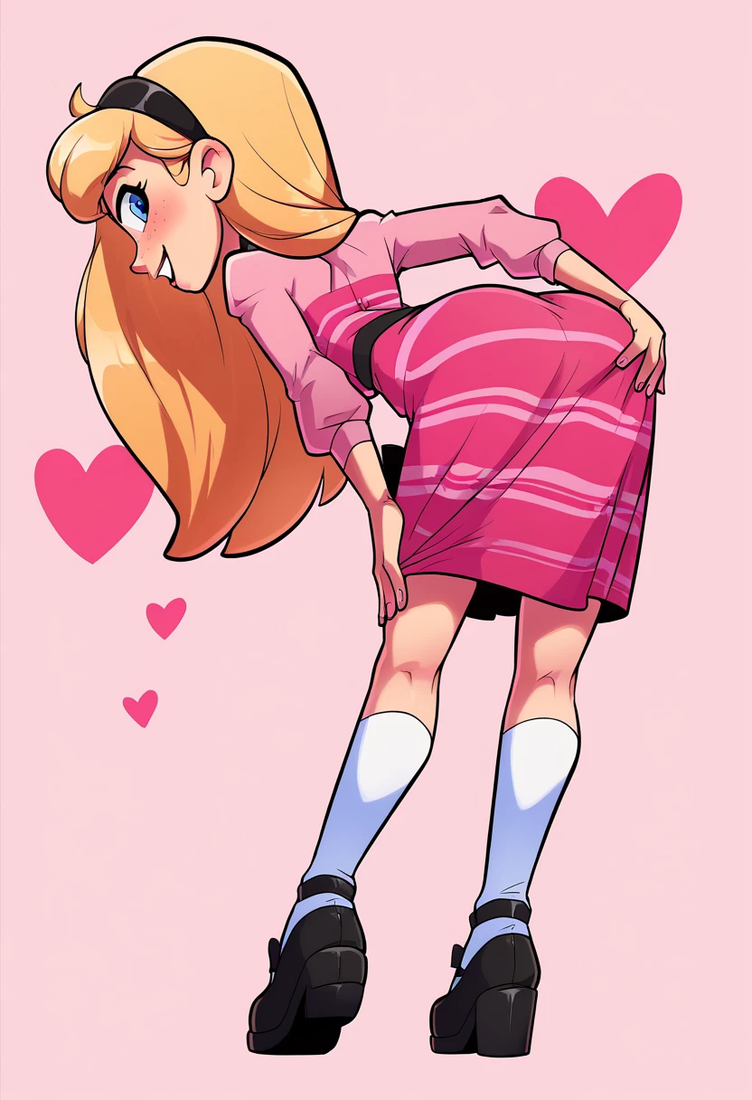 1girl, full body, solo, penny peterson, long hair, blue eyes, freckles, blonde hair, skirt, hairband, black hairband, white socks, dress, pink dress, long sleeves, mary janes, black mary janes, Butt Clench, perfect body, sexy, sexy legs, looking at viwer, crass girl, bad girl, naughty face, hearts, heart Background, back view, holding ass, Big ass, bent over, looking back