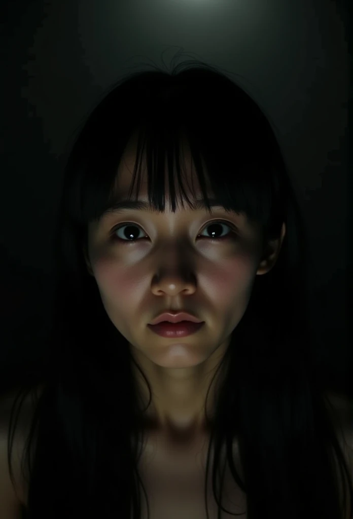 (A dark, grainy, emotional photo: 1.2), a dark close-up portrait of an Asian girl, (A girl standing in a pitch-black room: 1.2), a thin body, a small face, thin lips, long black hair, small breasts, a masterpiece that conveys the message to the viewer that no one can save the girl from her suffering, a faint light shines in from above the girl at an angle, illuminating her, a pitch-black background, (A very dark, unclear photo taken in a pitch-black room: 1.2),upper_body