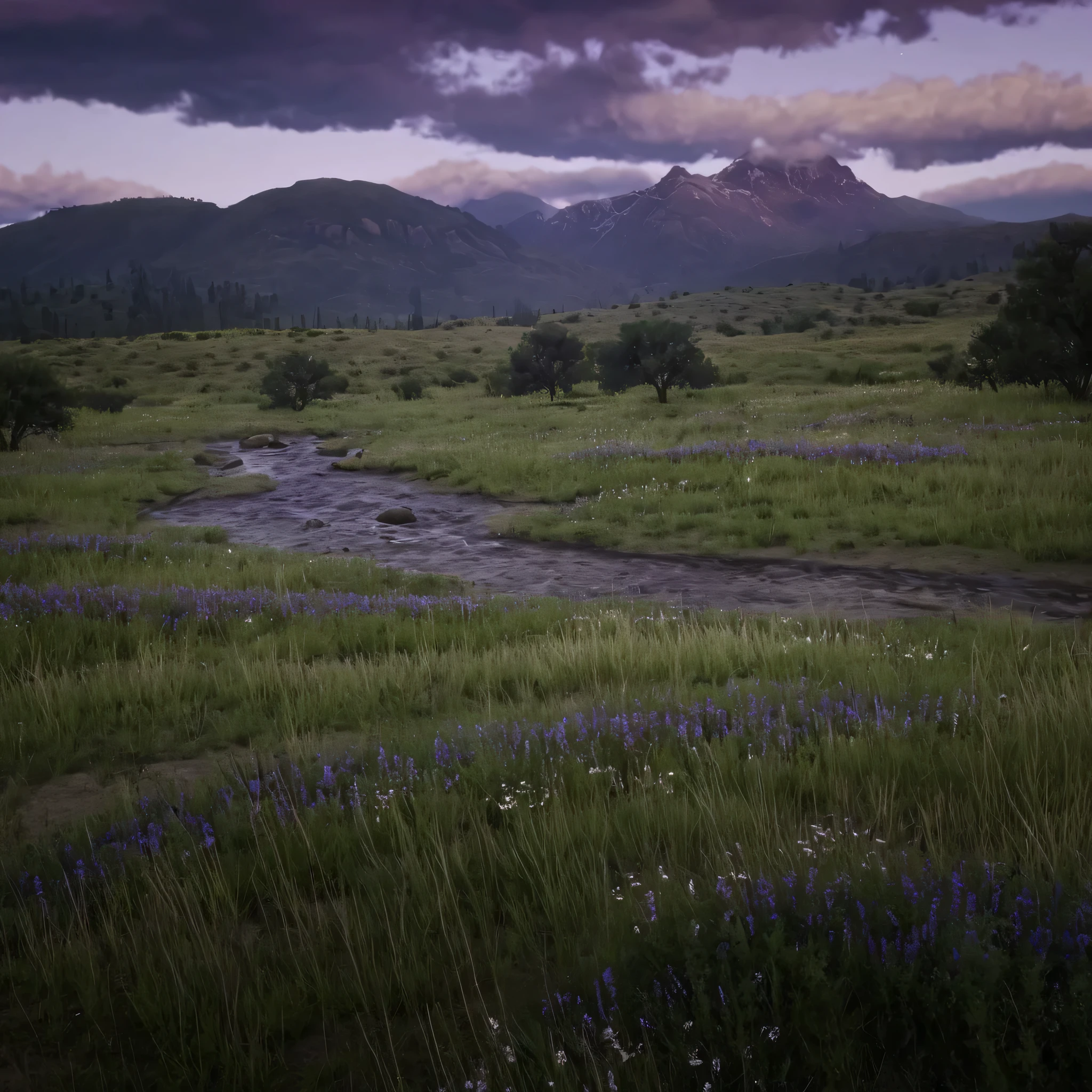 cinematic film still of cinematic film large filed with mountains in back ground and covered in purple wildflowers , rivers running down , outdoors,sky,cloud,tree,grass,ground,wildflowers, epic, Western, adventures, outlaw, Red Dead, Western United States, wild west,  Open world, 1900's, realistic, cinematic, film look, dramatic light, partially covered in shadows, gang, Western-themed action-adventure, Red Dead Redemption style, shallow depth of field, vignette, highly detailed, high budget, bokeh, cinemascope, moody, epic, gorgeous, film grain, grainy