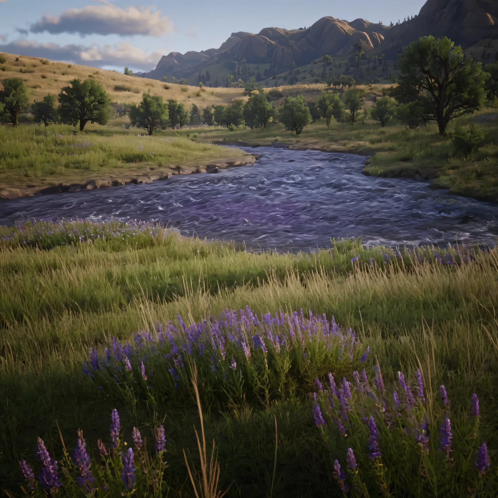 cinematic film still of cinematic film large filed with mountains in back ground and covered in purple wildflowers , rivers running down , outdoors,sky,cloud,tree,grass,ground,wildflowers, epic, Western, adventures, outlaw, Red Dead, Western United States, wild west,  Open world, 1900's, realistic, cinematic, film look, dramatic light, partially covered in shadows, gang, Western-themed action-adventure, Red Dead Redemption style, shallow depth of field, vignette, highly detailed, high budget, bokeh, cinemascope, moody, epic, gorgeous, film grain, grainy