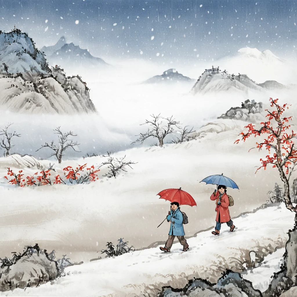 surrealist art Chinese painting,Ink Painting，ink wash painting，ink water， idyllic winter scenery in northern China ，Snowflakes are falling， Two people walking on a country road with umbrellas，red umbrella ， blue umbrella， No snow on the ground，No snow on the mountains ， traditional Chinese brushwork ， official art ，羊皮纸水彩Ink Painting，Minimalism，Beige gray ，Rice paper texture， Very high resolution details,photographic, Extremely Realistic ,Fine texture, Incredibly realistic 