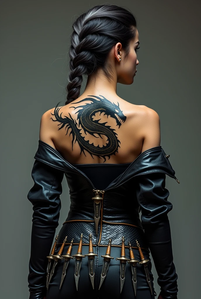 beautiful woman, perfect body shape, back view, upper body shot, ((big dragon tattoo on back)), ((wearing backless dress)), ultra-detailed,(realistic,photorealistic,photo-realistic:1.37),detailed skin(best quality,4k,8k,highres,masterpiece:1.2), 