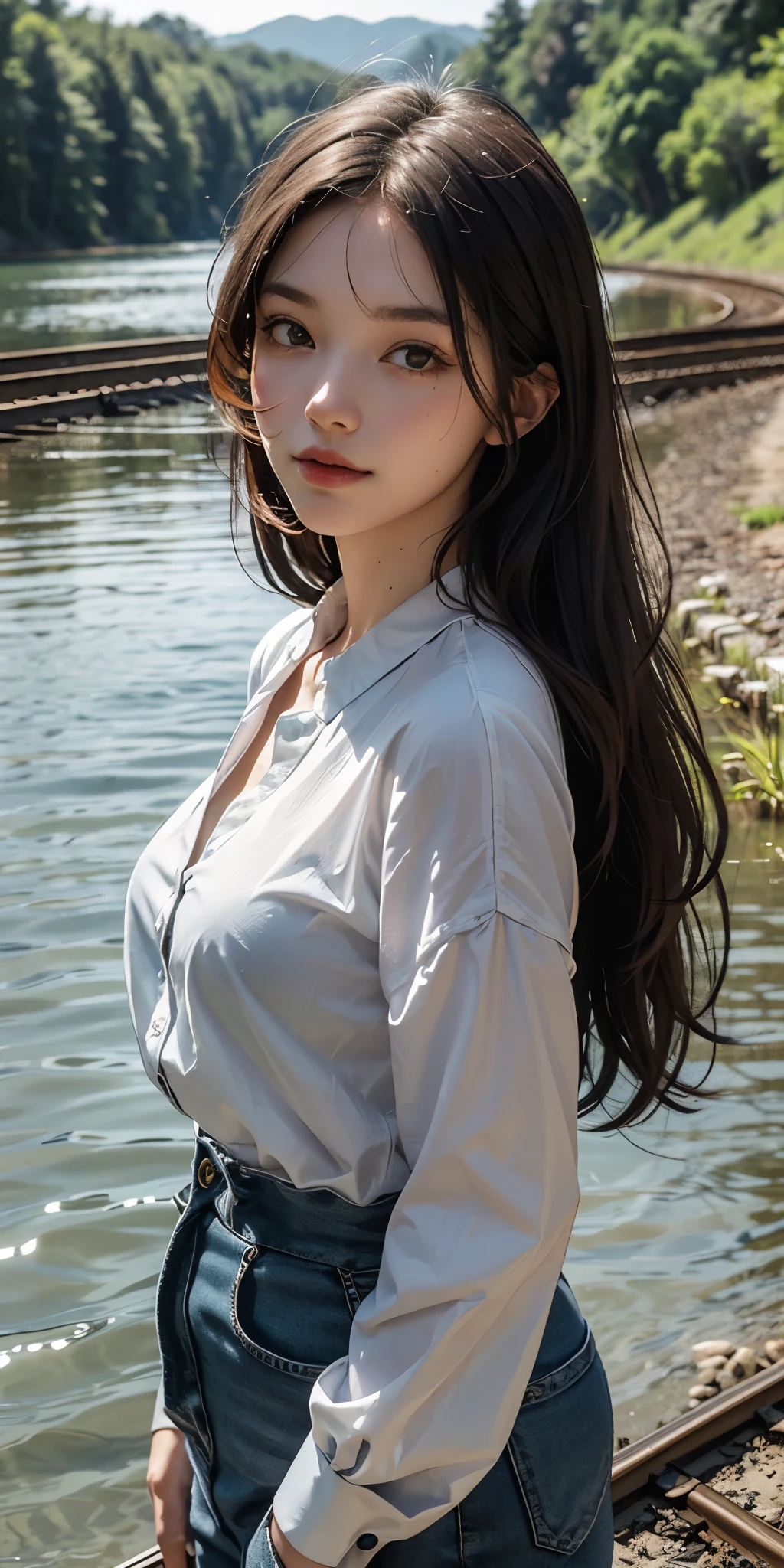 A woman who has been  and tied up is squatting on the shore of a lake、Her hands are behind her back and her wrists are tied with rope、Beauty、Wearing a navy blue long sleeve blazer、Wearing a long-sleeved blouse、She is wearing a skirt with a Barbarian pattern.、White panties are visible from between the legs、, black hair, bangs, floating hair, straight hair, shiny hair, eyeball, shy, Surrealism, cinematic lighting, UHD, best quality, highres, 8k