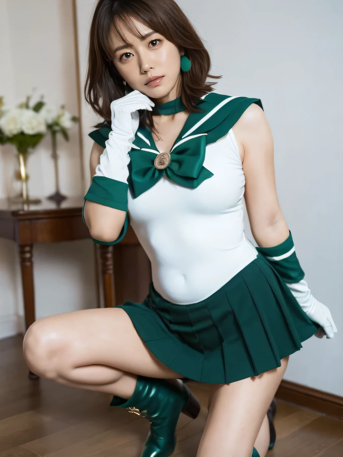 masterpiece。 one woman。full  shot。Green sailor collar。 white leotard 。 green skirt 。Green Boots。 white gloves。green neckband。Green Brooch。 gold earrings。