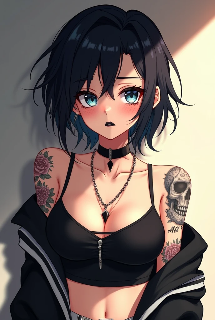 Anime tomboy girl, with tanned skin. Good figure, has a tattoo on his arm, about 17-1. Wear cross earrings. There is a short haircut like a boy. Half Thai and half Russian, has green eyes.