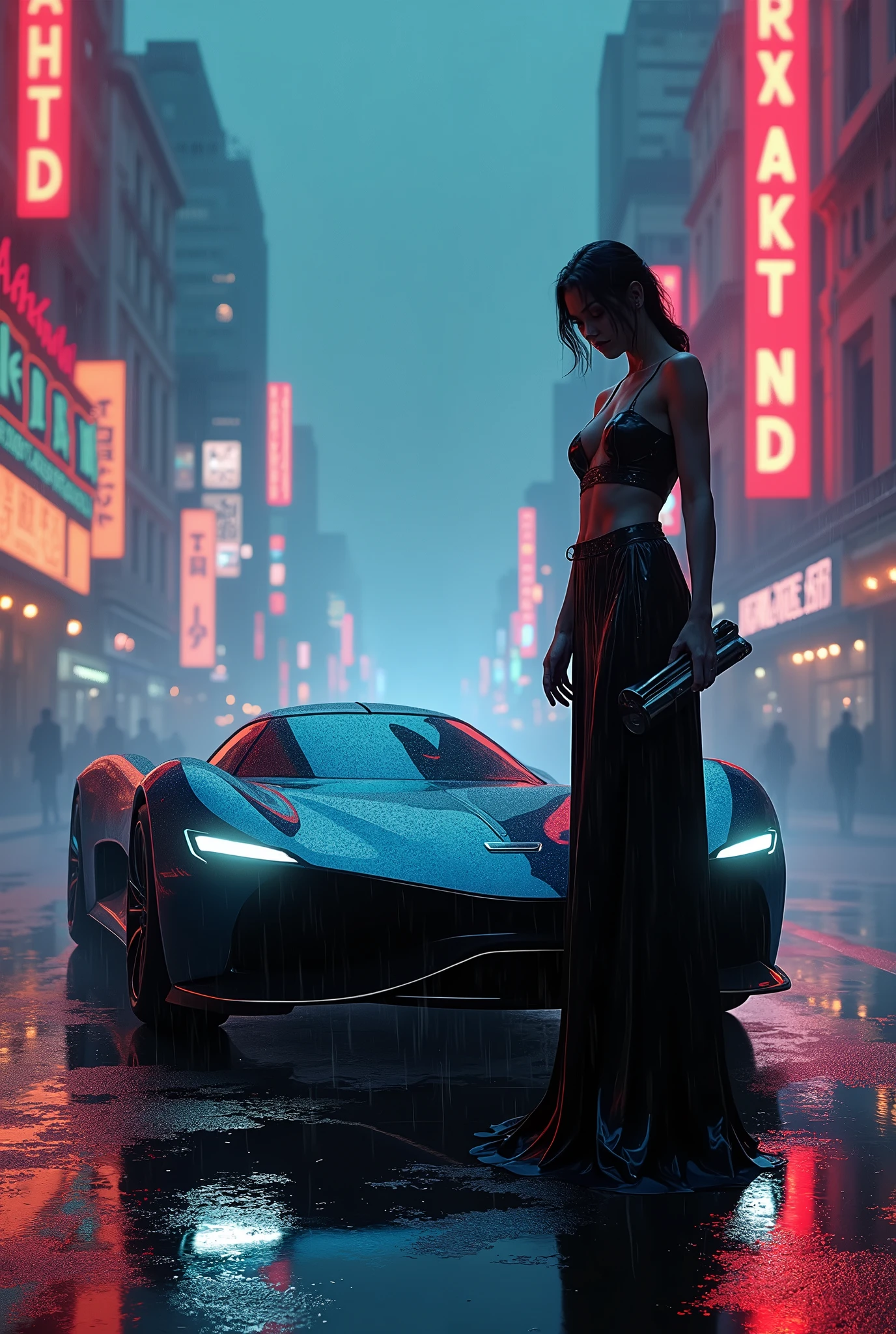 Create a cinematic, neo-noir digital illustration featuring a mysterious woman standing beside a sleek, futuristic car under the glow of a city drenched in neon lights. The woman is dressed in a flowing, high-fashion outfit with glowing accents that reflect the vibrant hues of the cityscape. Her expression is enigmatic, and she holds a futuristic device that emits a faint light. The car, a blend of classic elegance and cutting-edge technology, features aerodynamic curves and illuminated details. The setting is a rain-soaked street with reflections of neon signs on the wet pavement, surrounded by towering skyscrapers and a hazy atmosphere. Emphasize a dramatic mood with high contrast lighting and intricate textures