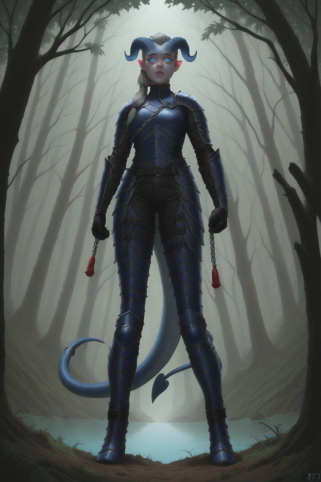  dark forest, trees. ((1Tiefling  , dark-blue-grey leather,  expressive face  ,  curious   ( grey irises , black and blue eyes ),  blue and white pupils on the shore ) , (27 years old) , ( small thick dark gray segmented straight horns  ,  girl , [stands at half a turn], looking over shoulder,  dark grey hair,  small nose , small lips, ((dark blue leather )), (long thick dragon armoured blue and grey Tiefling tail with tassel), (presses his tail against his body with his hand ), (easy ,  grey full-body leather armor, Blue lining,  under the armor, chain mail looks out ,  gray leather armor ), dark grey pants), One,  full length, Against the background of a dark forest, stands in the water of a lake with clear water, blue tones (bow in hand) (distance view . stands at half a turn,  The camera is tilted 10 degrees,  Bottom view,  Dutch corner,  near the ground ) )  Epic digital fantasy art style ,  epic fantasy style ,  extremely detailed artgerm , (Fantasy 4k art), anime art,  fine art .