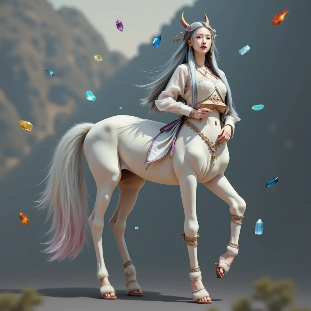 1Centaur Girl, Imagine a dreamlike landscape filled with countless colors,Soft. In this peaceful scene, An Asian, With long flowing hair, Sitting in a huge, Ancient Trees. They are deeply involved in the act of a crystal diary. Various radiant, Beautifully detailed healing crystals in various shades,Rose Quartz, amethyst, The citrine crystals are arranged in a circular pattern around them. The person who was, Wear light, Flowing clothes, Have an ancient, Leather cover journal,In it they record their observations, idea, and feelings. The vivid and soothing energy of the crystal blends with the person&#39;s aura, Creates a mysterious synergy. Magical creatures like glowing fairies and flying fire float gently in this sacred space.