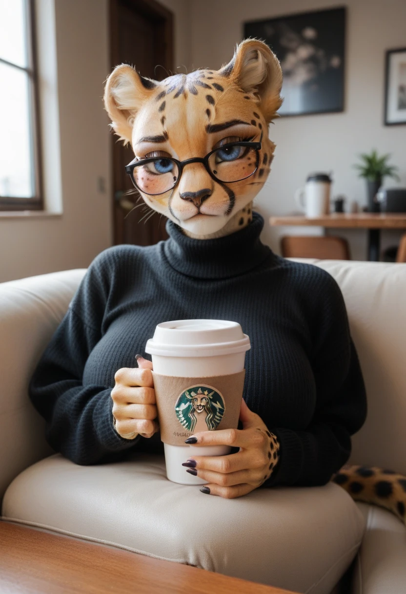 Female Cheetah, Furry Cheetah, Blue Eyes, Big Breasts, Big Hips, POV , Blushing Shy,Black glasses, oversized black sweater, sitting on the couch, drinking coffee 