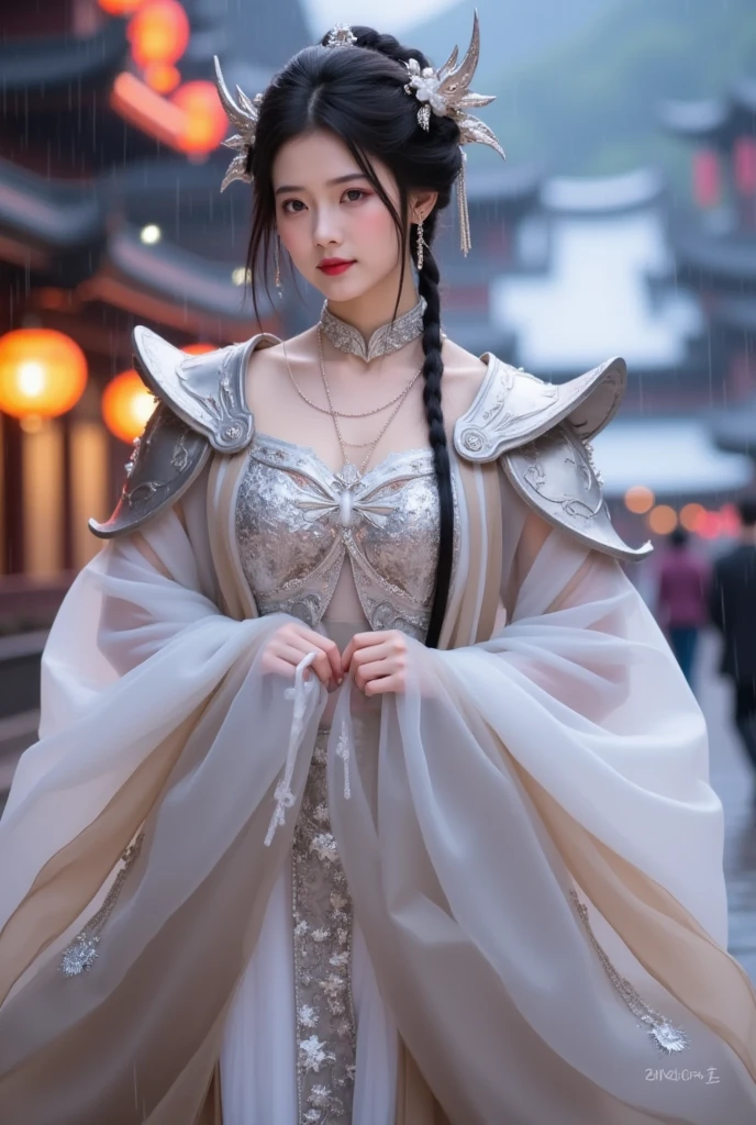 中国风大师work，（Boutique，4K， high res，masterpiece：1.2），Ultra-detailed，Lifelike，Shining， Middle，Yanagizhi ，Wu Changshuo，（（masterpiece）），Boutique，illustration，1个girl, Small chest,  beautiful delicate eyes ,  Beautiful and detailed cyberpunk city,  flat chest , Beautiful and fine hair, curls,  beautiful and detailed streets , mecha clothes, girl, Cool action, Silver tights, (Filigree),Dragon Wing，Colored background，一条龙站在girl身后，rain，（Lightning Effect）， Delicate Silver Dragon Armor ，（Cold Face），work，Brilliant colors， Stunning visual effects ， Otherworldly appearance ，Captivating artistry，Focus on your audience ,  first person view,  anatomically correct , accurate, 8k