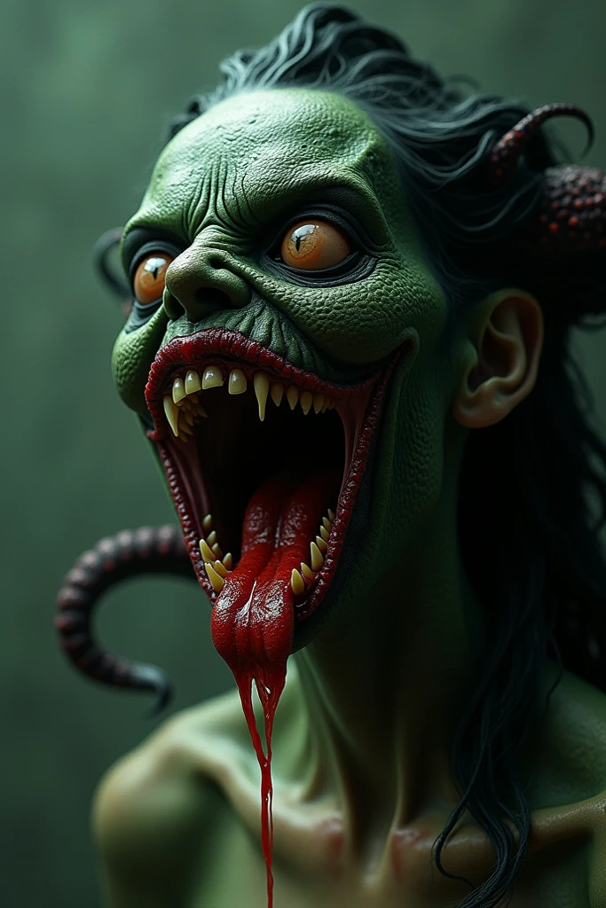 macabre style, body portrait, Fairy tale Goreprint Style Evil Cordyceps Infection Macabre Zombie Aberration],open mouth on terrific teeth,forked tongue,Watercolor with ink pen outline, ultrarealistic, sharp features, majestic, a million details Style of Alberto Sevesso, H. R. Giger, [Nero and Rosso Palette] , ethereal, sadness, ominous, scarred, highly detailed, vibrant, production cinematic character render, ultra high quality model, detail textures, detail face, reptilian eyes, vray, 3D octane render . Magical, fantastical, enchanting, storybook style, highly detailed, detailed skin texture, (blush:0.2), (goosebumps:0.3), subsurface scattering, dark, gothic, grim, haunting, highly detailed