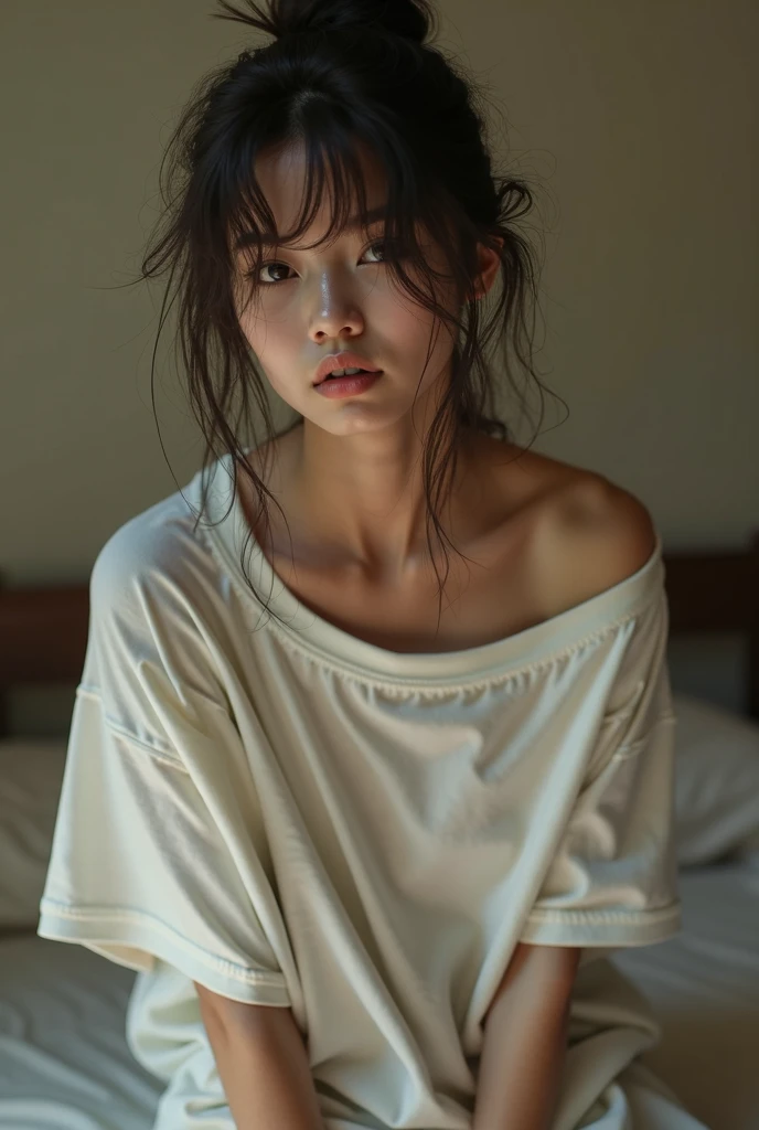 ((Wearing only a t-shirt))、Black Hair、20 years old、(Best Quality), 4K, High resolution, masterpiece)、 (, slim:1.8, Pale skin:1.6), (small 顔:1.8, No makeup:1.8), Beautiful and detailed eyes(Symmetrical eyes, Big round eyes:1.8, Shining Eyes:1.6, Delicate eyebrows, Delicate eyelashes, Sagging under the eyes:1.2), 超slimなモデル体型、Off the shoulder、Strapless、Chignon、ベージュのWearing only a t-shirt、nsfw、downblouse loose t-shirt leaning forward