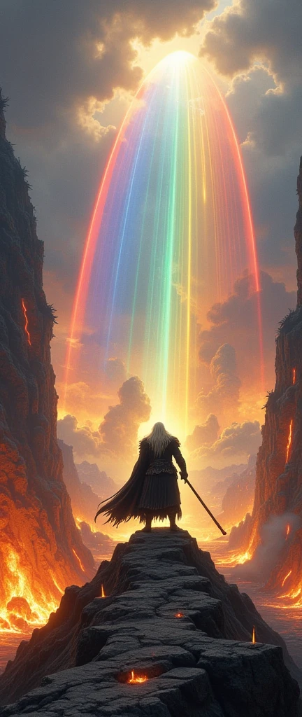 beautiful crystal-clear rainbow color transparent wide arch connecting the sky-land\(Asgard,heaven, many Æsir gods) and earth\(Midgard,the world of human, jotun army gathering\). God of Norse mythology\(Heimdall\(God,man, golden teeth,white skin,\)blowing hunting horn standing on the rainbow. Ragnarök. everywhere burning with ruinous heavy fire.