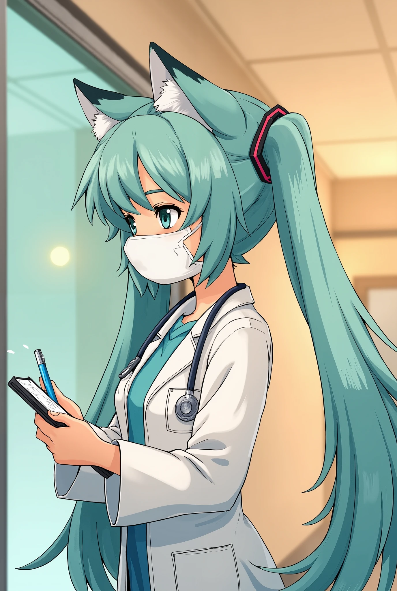 (masterpiece、 best quality、 best quality、 Official Art、 beautiful and beautiful :1.2)、( one girl who is at ease:1.3) Hatsune Miku、 twin tails, Beautiful breasts,Single,  white body , muscles, Stand in front of a glass door ,  lower your head, Take notes,  serious expressions, Frowning (Doctor&#39;s attire,, White Mask, Notebooks, Blue Pen,  white boots that shoot bows, Black pattern: 1.2), Wolf&#39;s Tail,  wolf ear, (( Bust Portrait )), (indoor: 1.35), incandescent indoor lighting,  hospital hallway ,  Shadow (particle,  soft lighting , White glow): 1.3, White jacket,  anatomically accurate,  Minimalist Background , cartoon, Warm colors,  soft line design 