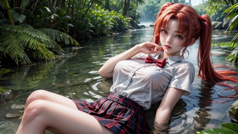 20 yo woman in a school uniform is sitting in the water, petite, short wavy red hair, dark freckles, long sleeves, cardigan, (tie), ((pleated skirt)), closeup fantasy with water magic, beautiful maiden, wearing a skirt made of water, cleavage, realistic oil painting, dripping wet, in water up to her shoulders, beautiful realistic painting, nymph in the water, hyperrealist portrait in a river, hyperrealistic fantasy art, splashing, realistic fantasy painting, cute shot, narrow depth of field, 8k, nsfw, ((drenched)), ((soaked)), (dripping water), dripping oil, heavy clothes, soaked in oil, wet all over, rouge lipstick, wet dripping hair, wetshirt