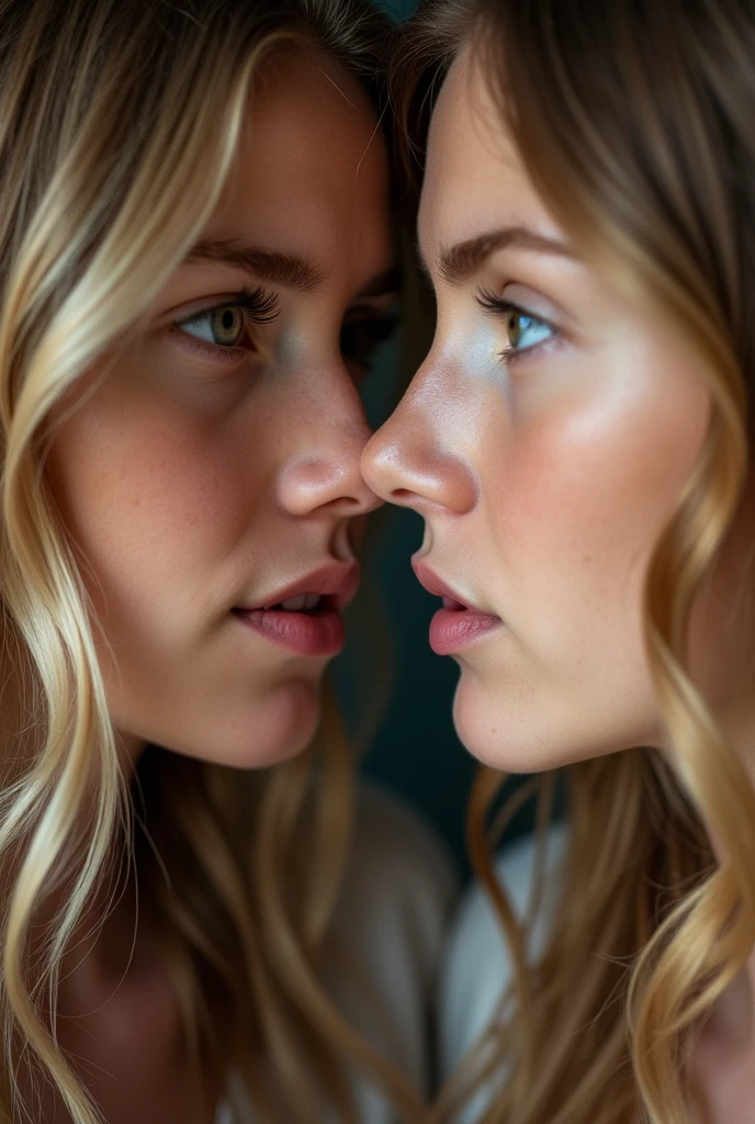 (detailed skin:1.3), (intricate details), dramatic, beautiful European Caucasian 20-year-old woman with wavy blonde hair and blue eyes , kissing brunette girl