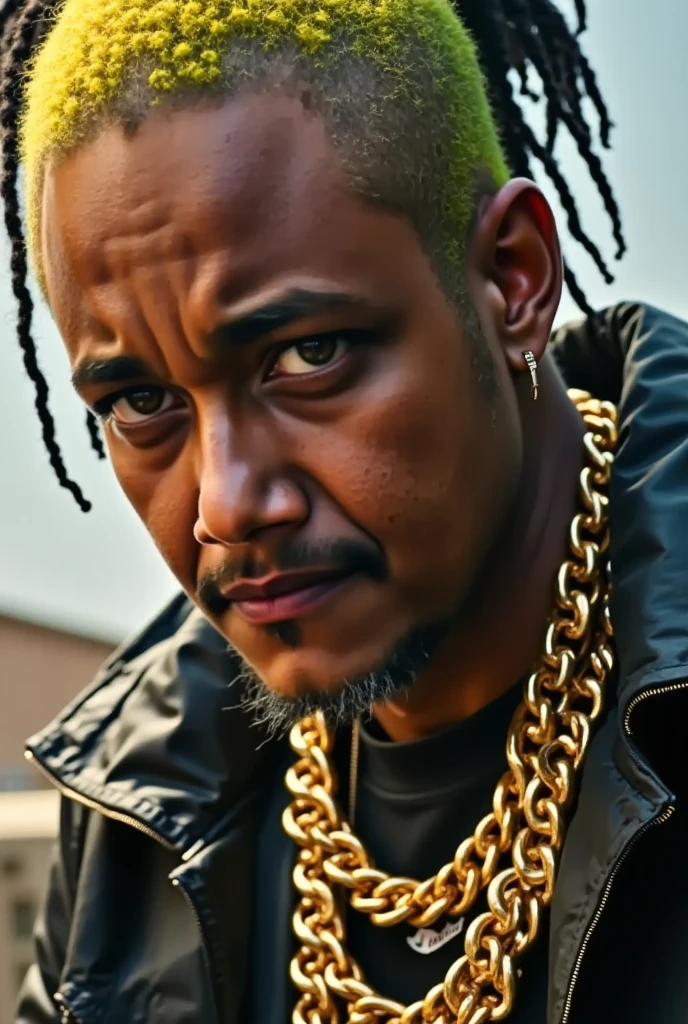 a rapper wearing a large gold chain accessory, high quality portrait, extremely detailed face and eyes , dramatic lighting , cinematographic composition , hyper realistic, award-winning photography, 8k, HDR, seamless, intricate details, photorealistic , light-dark lighting, dramatic shadows , shiny gold chain , expensive jewelry, urban street fashion , multicolored hair , urban environment