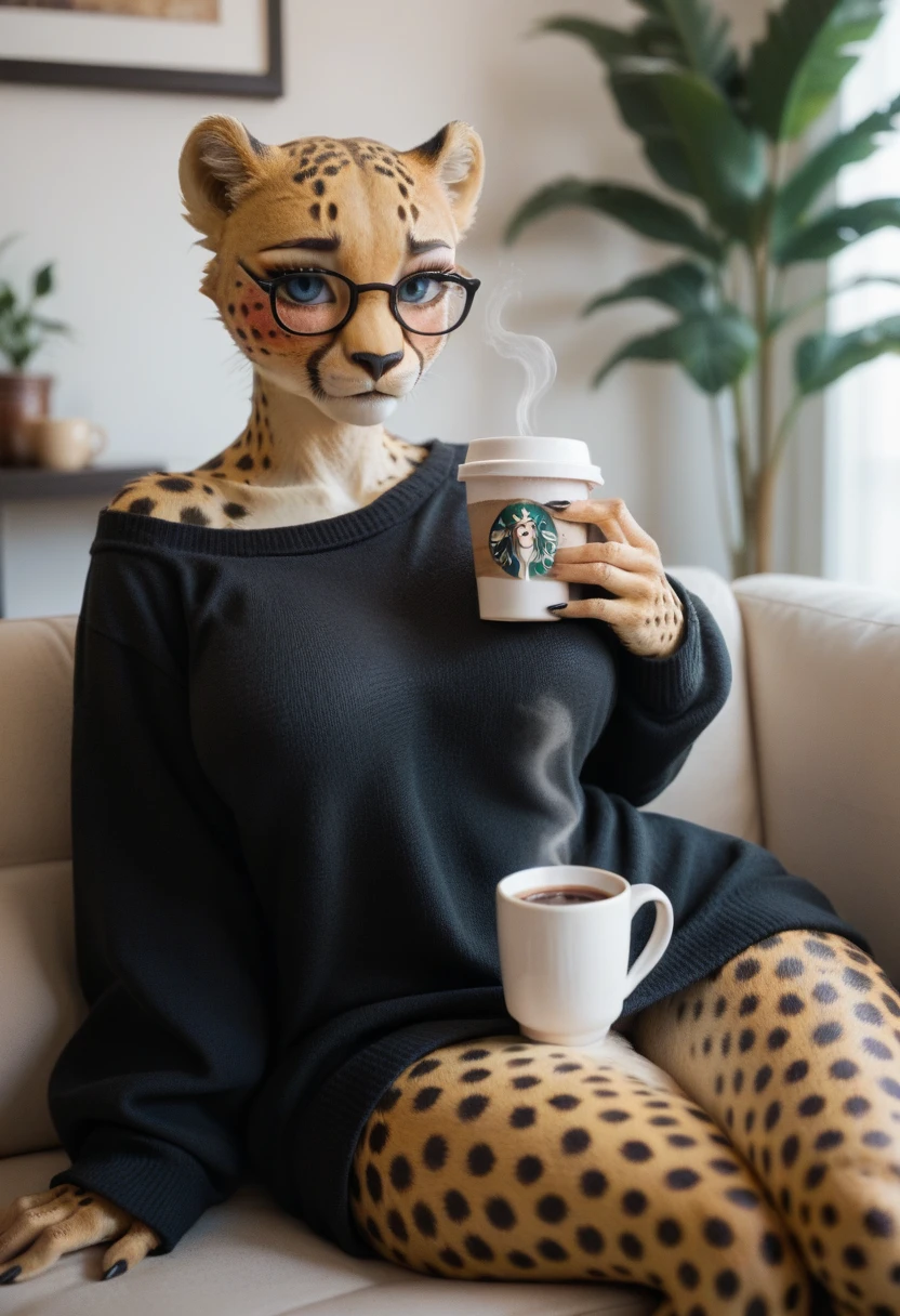 Female Cheetah, Furry Cheetah, Blue Eyes, Big Breasts, Big Hips, POV , Blushing Shy,Black glasses, oversized black sweater, sitting on the couch, drinking coffee ,With a cup of coffee 