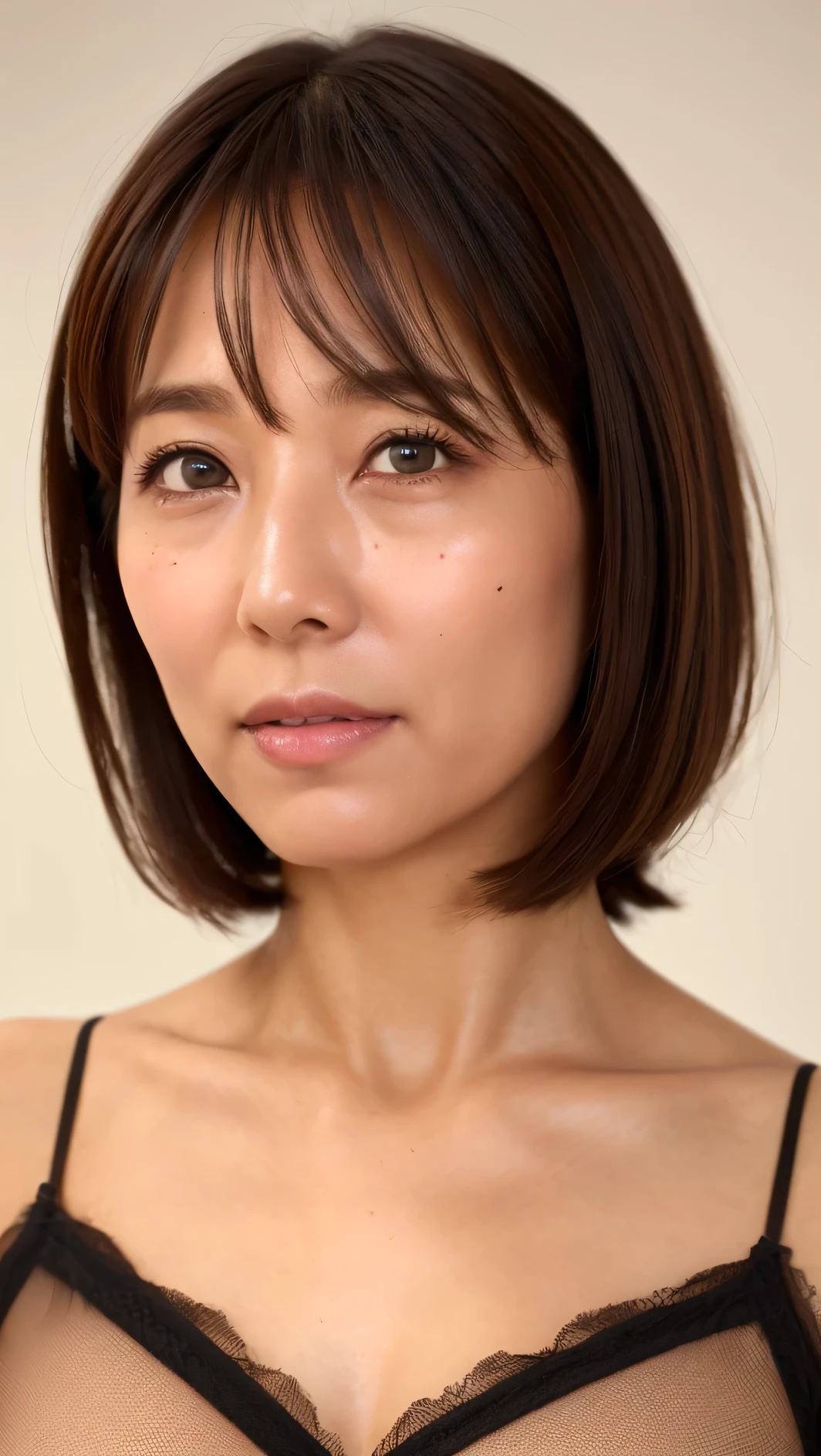 (( best quality)), ((8k)), ((masterpiece: 1.3)), (  Perfect Appearance  ), ( photorealism: 1.6), 1 Japanese woman, (40 years old), (( Realistic Skin Texture )), ( fine wrinkles all over the skin : 1.3), (Dull skin: 1.1), (Dry skin: 1.2) , (Facial wrinkles: 0.9), (Wrinkles at the corners of the eyes: 1.2),  double eyelid, Lower eyelid tear trough, (Crying Mole: 0.9),  is looking here , Serious gaze, (Dimples: 1.2),  Short bangs , Long Hair, (transparent razor: 1.2), (Portrait with the center of the upper body : 1.4),