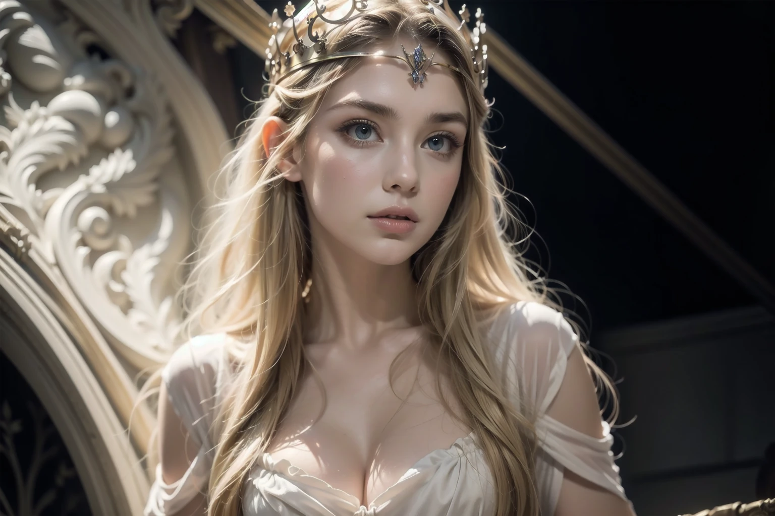   a close up of a woman with a crown on her head, da rainha élfica Galadriel, Galadriel, Galadriel in Lothlórien, blonde elf empress, Galadriel from The Lord of the Rings , Scene where she is in Rivendell, beautiful elven princess,   imogen Poots as Holy Paladin  , Elven Princess, persephone 