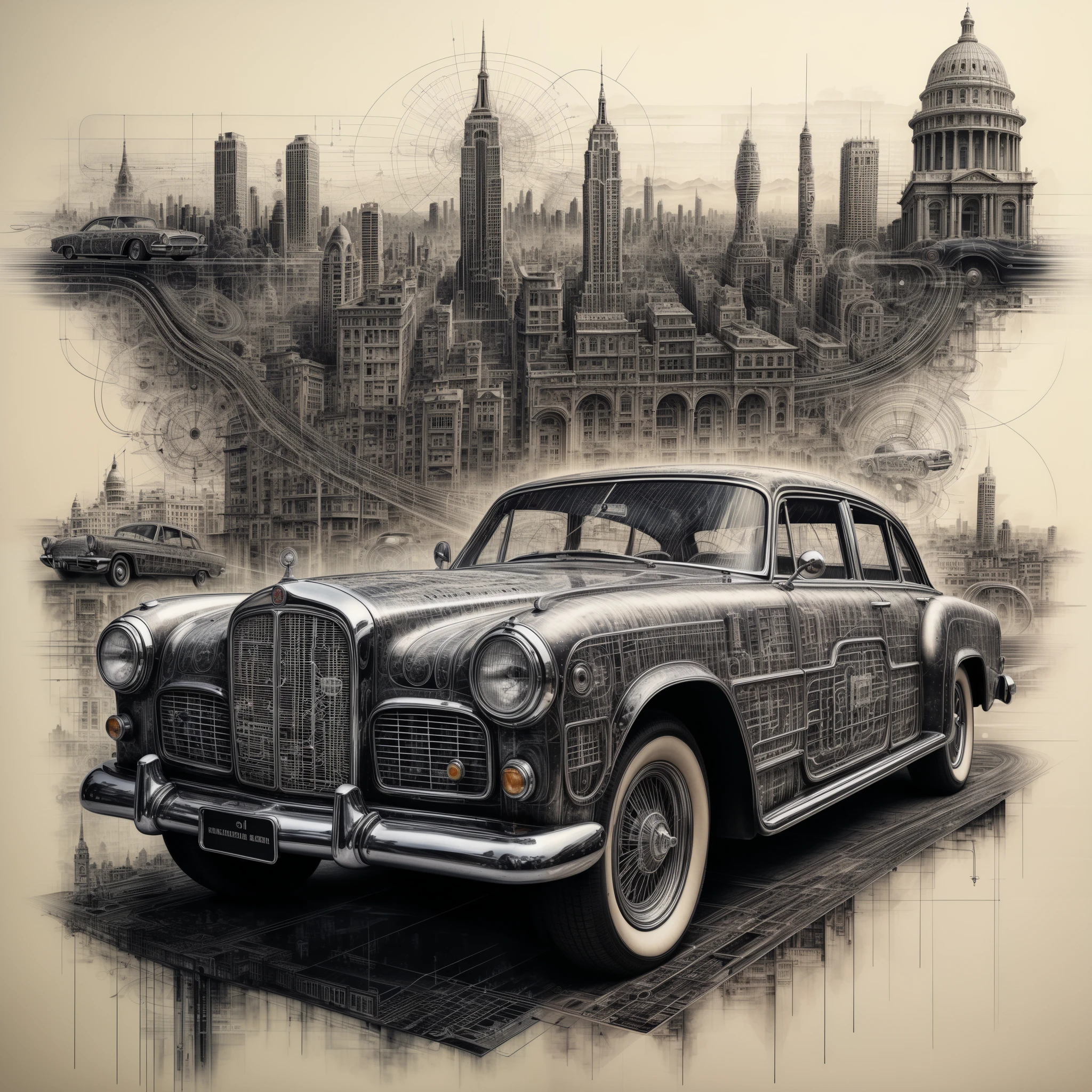 a highly detailed and intricate ink drawing of an old vintage car, a complex electrical diagram overlaying the car, a surreal cityscape in the background, cinematic dramatic lighting, photorealistic, hyper detailed, masterpiece