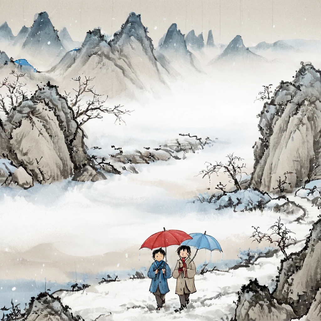 surrealist art Chinese painting,Ink Painting，ink wash painting，ink water， idyllic winter scenery in northern China ，Snowflakes are falling， Two people walking on a country road with umbrellas，red umbrella ， blue umbrella，No snow on the ground ，No snow on the mountains ， traditional Chinese brushwork ， official art ，羊皮纸水彩Ink Painting，Minimalism，Beige gray ，Rice paper texture， Very high resolution details,photographic, Extremely Realistic ,Fine texture, Incredibly realistic 