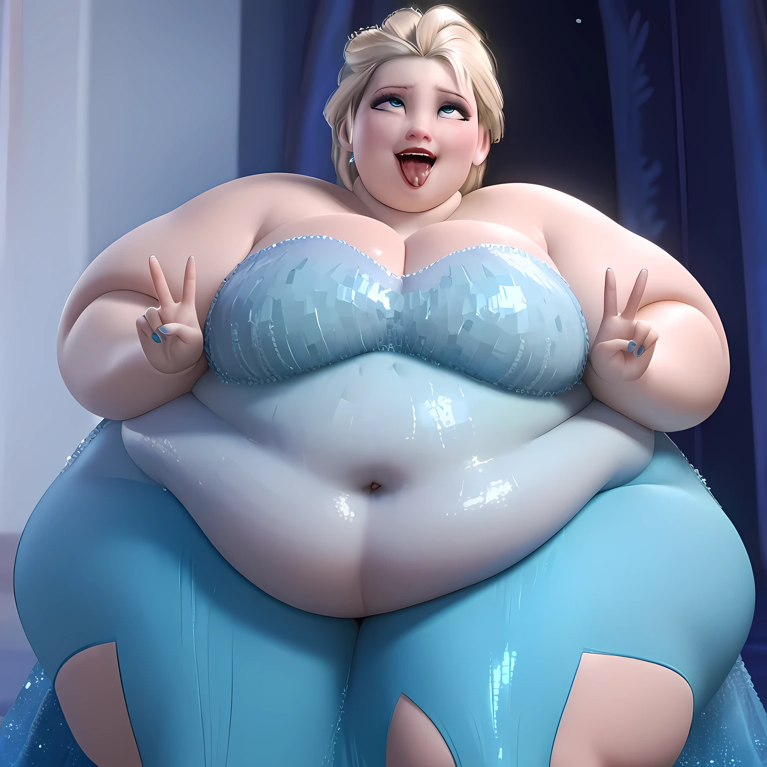 Elsa, 1 girl, light blue eyes, ahegao, peace sign, Tilt your head, cowboy shot, medium breasts, crystal dress, bare thighs, sitting down, front, 1 girl, standing alone, , salient smile, gazing at viewer, hands crossed, all-body, pose, best quality, no flaws  fat, chubby, obese, gigantic arms and legs, large breasts open mouth, out of breath