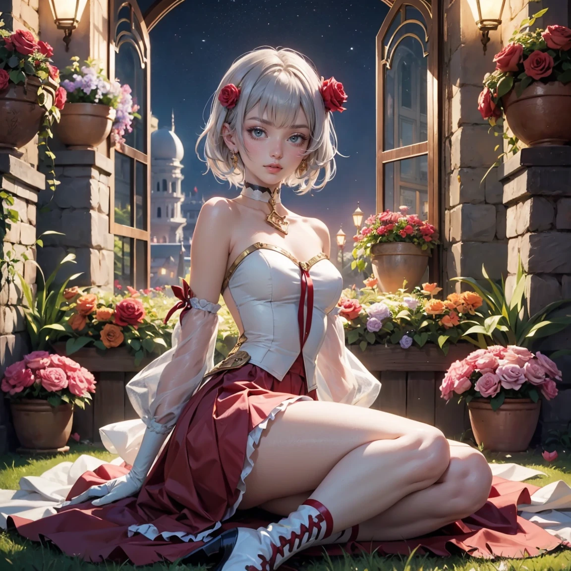 1girl, dress, jewelry, silver hair, flowing hair, short hair, solo, red roses, firefly, oriental architecture, Chinese maid dress, red laces, white boots, gold details on her clothes, night, lake on the background, seat on the grass, a garden scenery, red roses, flowers, more details, perfectly body, perfectly hands, two hands, two legs, two arms, five fingers, glowing hair, best quality, gloves, white gloves, choker, detached sleeves, magical girl, white dress, strapless, skirt with layers, frills