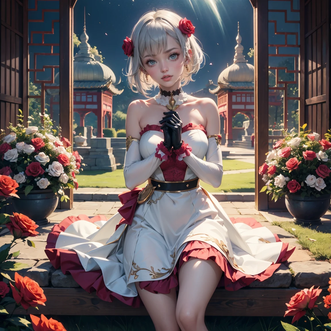 1girl, dress, jewelry, silver hair, flowing hair, short hair, solo, red roses, firefly, oriental architecture, Chinese maid dress, red laces, white boots, gold details on her clothes, night, lake on the background, seat on the grass, a garden scenery, red roses, flowers, more details, perfectly body, perfectly hands, two hands, two legs, two arms, five fingers, glowing hair, best quality, gloves, white gloves, choker, detached sleeves, magical girl, white dress, strapless, skirt with layers, frills