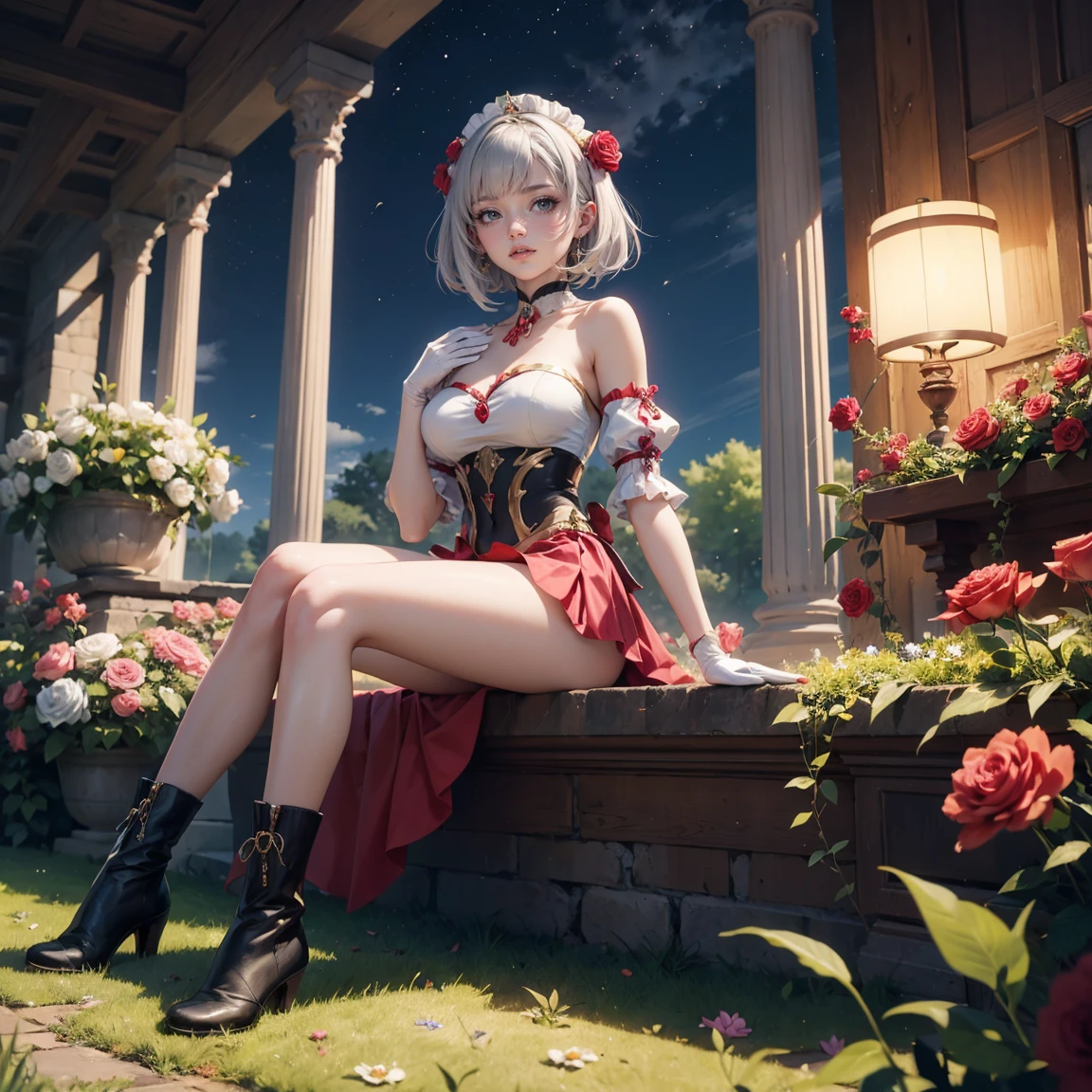 1girl, dress, jewelry, silver hair, flowing hair, short hair, solo, red roses, firefly, oriental architecture, Chinese maid dress, red laces, white boots, gold details on her clothes, night, lake on the background, seat on the grass, a garden scenery, red roses, flowers, more details, perfectly body, perfectly hands, two hands, two legs, two arms, five fingers, glowing hair, best quality, gloves, white gloves, choker, detached sleeves, magical girl, white dress, strapless, skirt with layers, frills