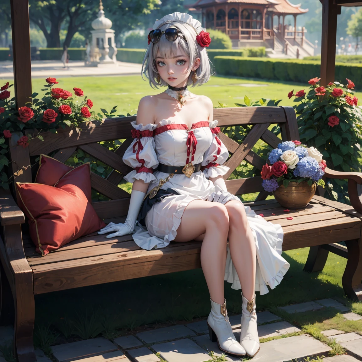 1girl, dress, jewelry, silver hair, flowing hair, short hair, solo, red roses, firefly, oriental architecture, Chinese maid dress, red laces, white boots, gold details on her clothes, night, lake on the background, seat on the grass, a garden scenery, red roses, flowers, more details, perfectly body, perfectly hands, two hands, two legs, two arms, five fingers, glowing hair, best quality, gloves, white gloves, choker, detached sleeves, magical girl, white dress, strapless, skirt with layers, frills