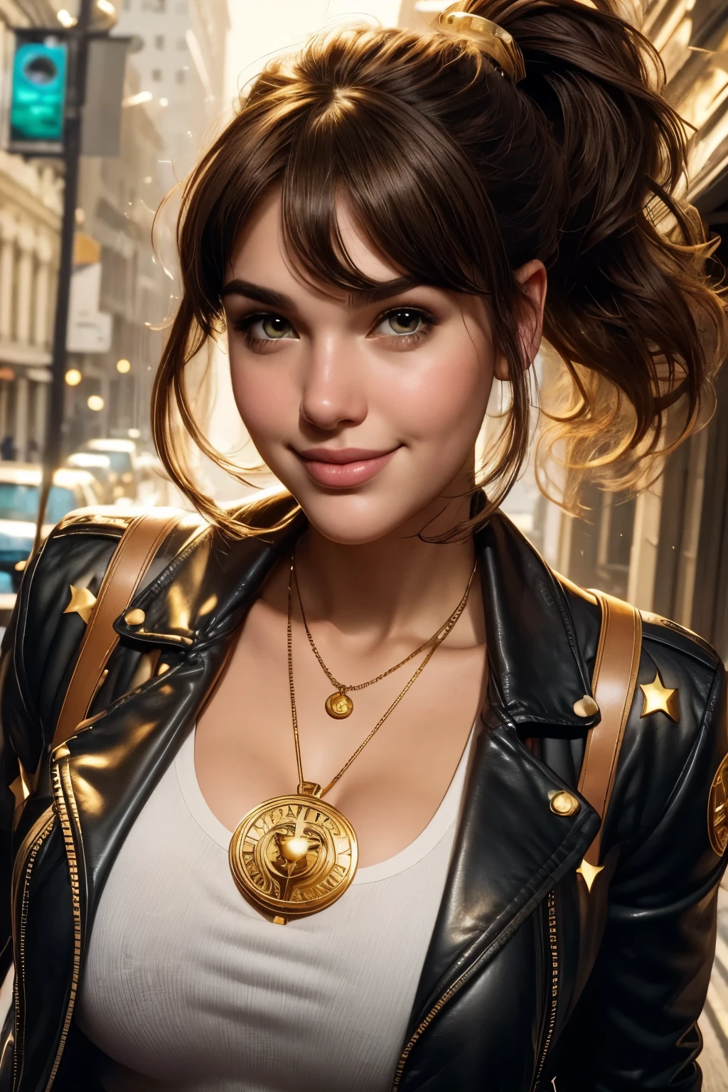 absurd quality. natural lighting . hyperrealism . fantastic illustration in comic book style . A plus-size girl , brown hair with bangs and ponytail , , shy smile , Wear a leather jacket with gold stars on the shoulders over a white t-shirt. Wear a gold medallion with zodiac symbols around your neck . huge natural breasts . near the face. close-up. LUMINOUS GOLDEN HALO , superpowers. lush. carefree. With attitude . seductive.