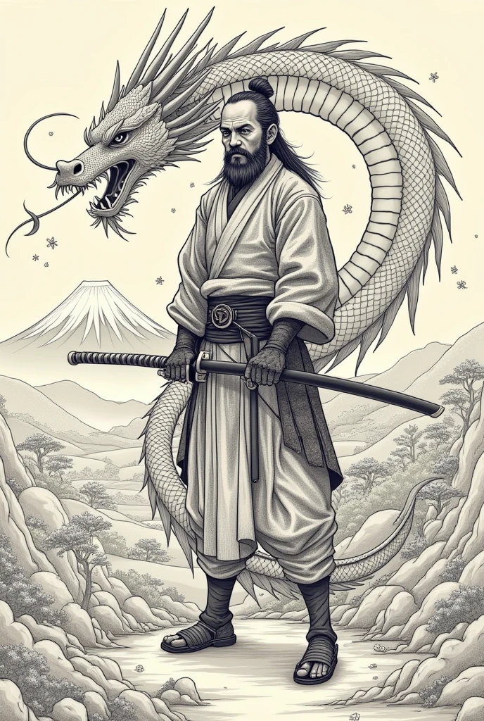 Ink sketch samurai worrier standing in front of dragon head, highly detailed
