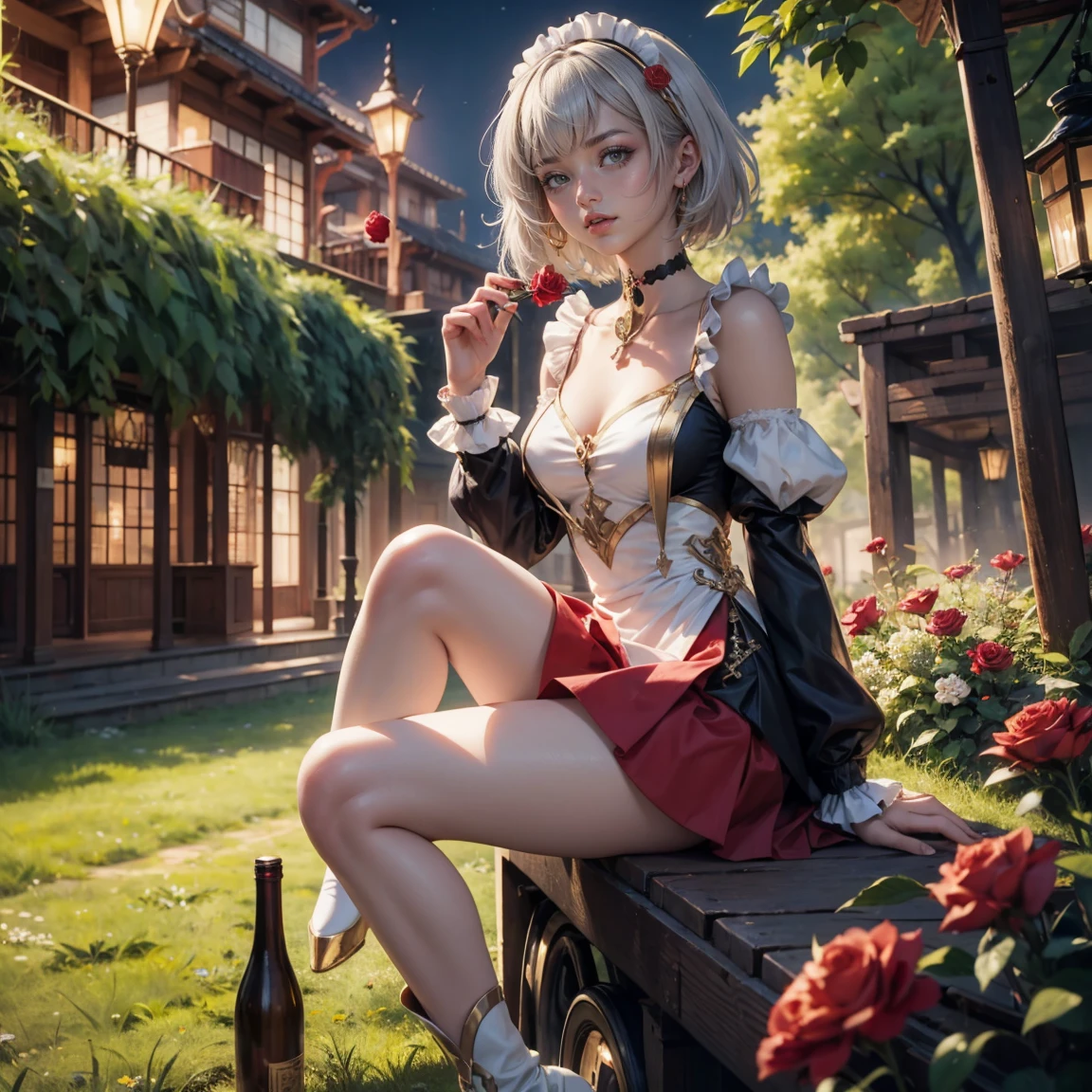 1girl, dress, jewelry, silver hair, flowing hair, short hair, solo, red roses, firefly, oriental architecture, Chinese maid dress, red laces, white boots, gold details on her clothes, night, lake on the background, seat on the grass, a garden scenery, red roses, flowers, more details, perfectly body, perfectly hands, two hands, two legs, two arms, five fingers, glowing hair, best quality, gloves, white gloves, choker, detached sleeves, magical girl, white dress, strapless, skirt with layers, frills