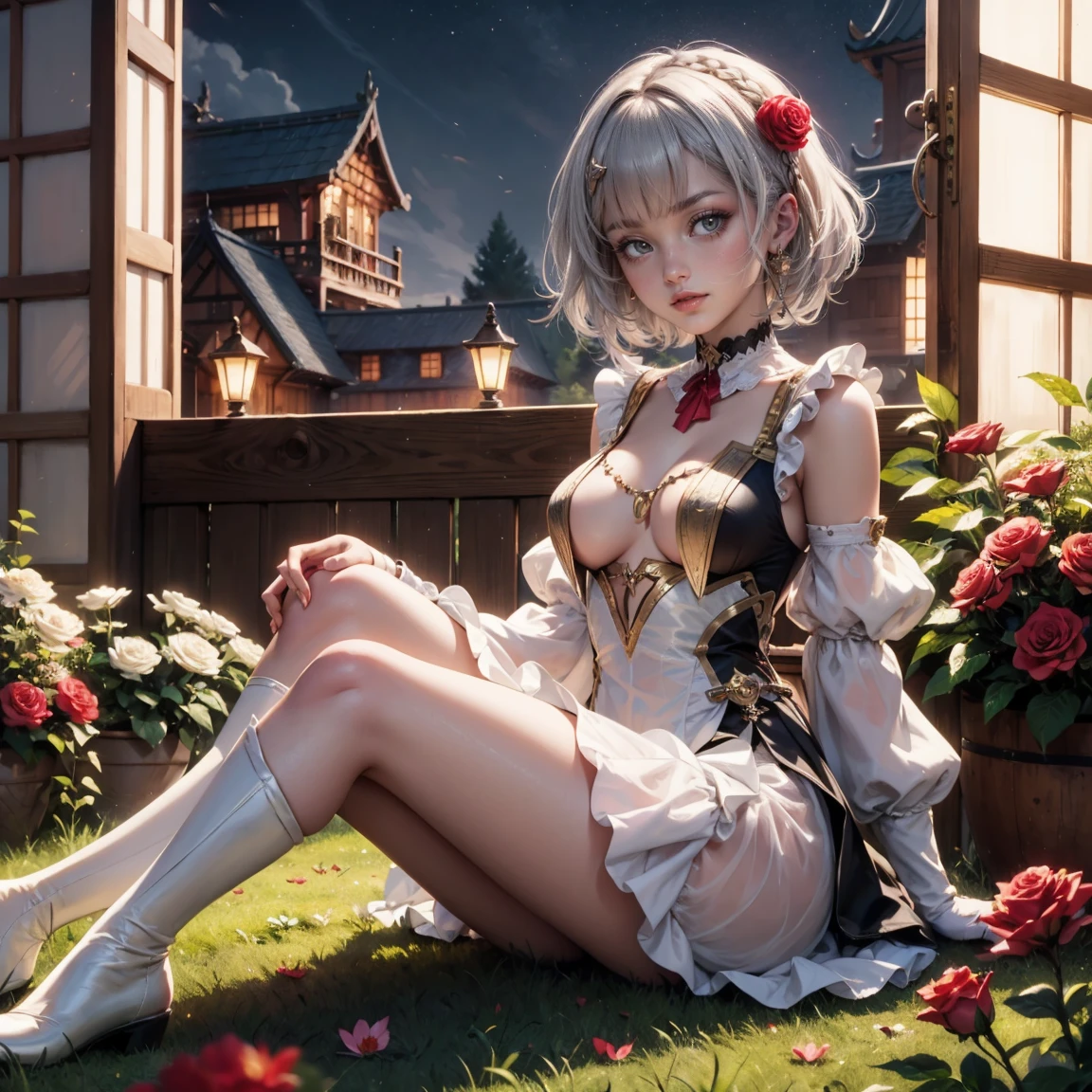 1girl, dress, jewelry, silver hair, flowing hair, short hair, solo, red roses, firefly, oriental architecture, Chinese maid dress, red laces, white boots, gold details on her clothes, night, lake on the background, seat on the grass, a garden scenery, red roses, flowers, more details, perfectly body, perfectly hands, two hands, two legs, two arms, five fingers, glowing hair, best quality, gloves, white gloves, choker, detached sleeves, magical girl, white dress, strapless, skirt with layers, frills