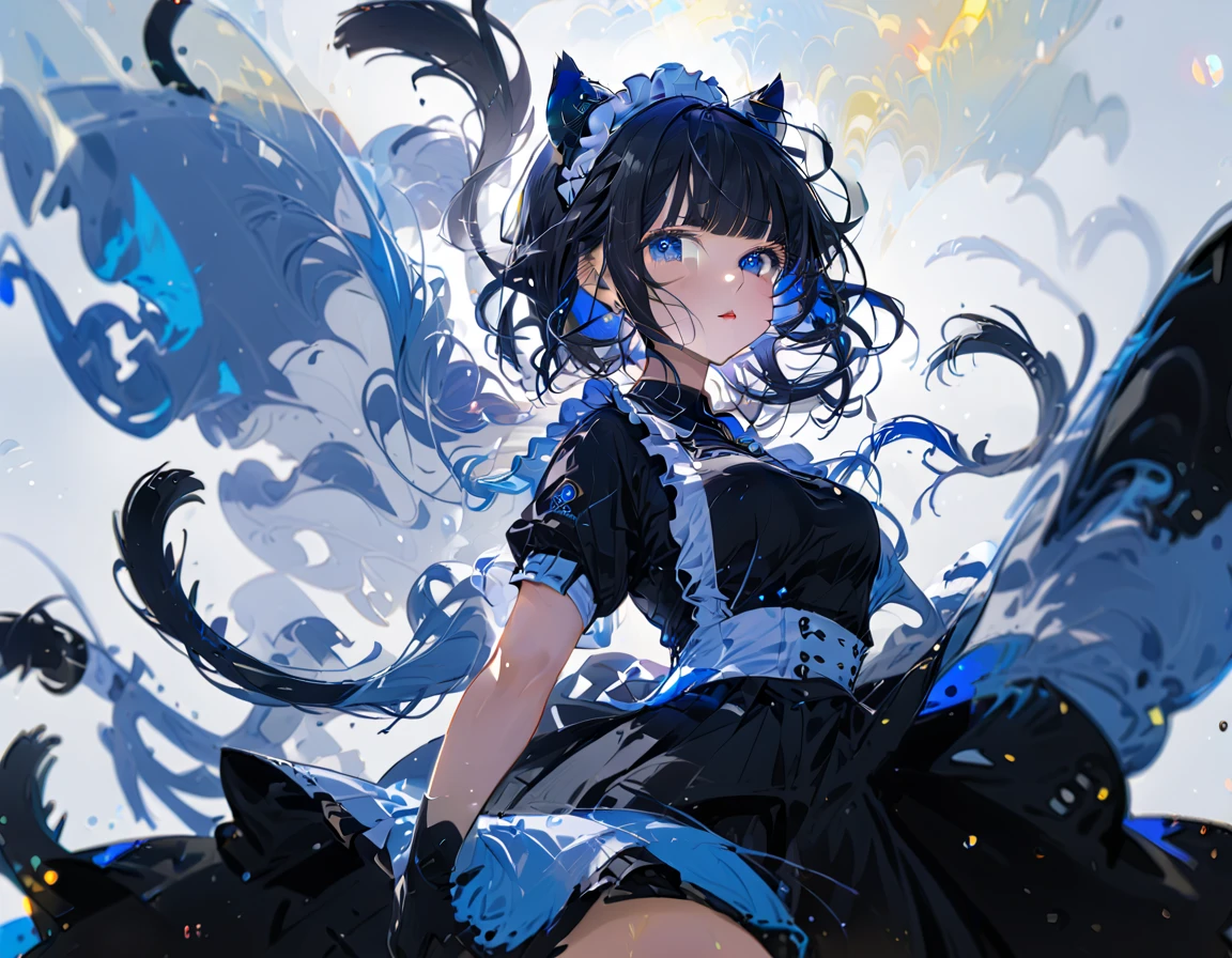 1girl, absurdly long black hair blunt bangs, blue eyes, cat ears, cat tail, chestnut mouth, large breast, open shoulder maid uniform, high waist short skirt, wind browing, floating hair, white background, contrapposto, cool expression, from below, look at viewer, soft focus, lens flare, masterpiece, best quality, vivid light color, Vector Art, 2D flat, simple shapes, professional graphic, flat color, Sleek design, 1girl, absurdly long black hair blunt bangs, blue eyes, cat ears, cat tail, chestnut mouth, large breast, open shoulder maid uniform, high waist short skirt, wind browing, floating hair, white background, contrapposto, cool expression, from below, look at viewer, soft focus, lens flare, masterpiece, best quality, Matte frosted color, Vibrant colors, Layering impasto (oil painting:1.1), ultra-detailed texture, perfect composition, intricate details, high resolution, High contrast, sharp focus, Delicate brushwork, ,AddXL,Dream Scenery