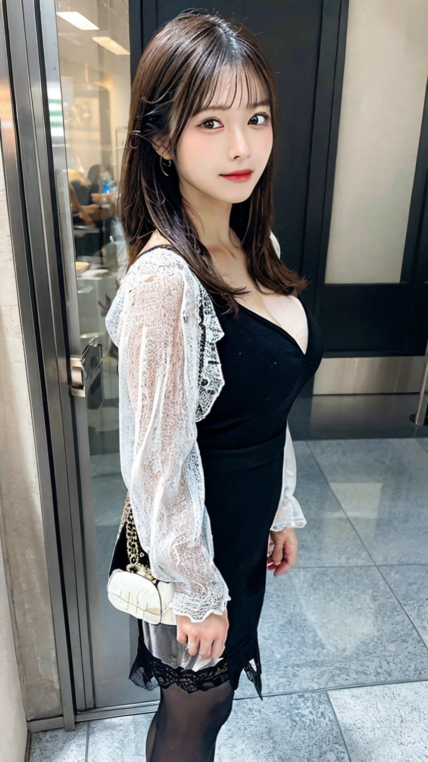 (8k, UHD, best quality, highres, award winning, high quality, high details, super detail, textured skin, anatomically correct, masterpiece, ccurate, retina), Korean female model, Height 175 cm, perfect bodies, Long legs, wavy and long hair, Wearing 0D pantyhose, full lenght shot, (((full body: 1.5))), Sexy pose, Draped skirt, Dressed in black lace, The whole body in black, Thin stockings, tightly dress, V-neck shirt, Silk dress, Lace-up dress, see through dresses, ray tracing