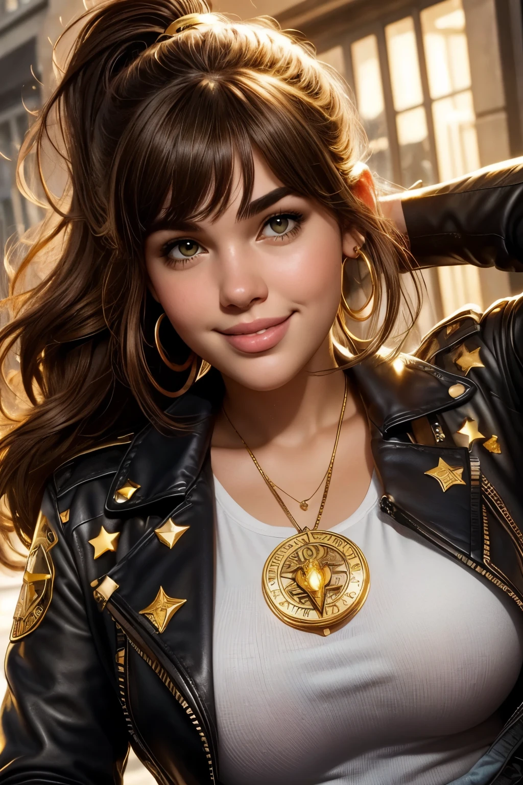 absurd quality. natural lighting . hyperrealism . fantastic illustration in comic book style . A plus-size girl , brown hair with bangs and ponytail , , shy smile , Wear a leather jacket with gold stars on the shoulders over a white t-shirt. Wear a gold medallion with zodiac symbols around your neck . huge natural breasts . near the face. close-up. LUMINOUS GOLDEN HALO , superpowers. lush. carefree. With attitude . seductive.