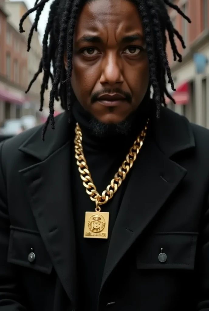  a rapper wearing a large gold chain accessory, high quality portrait,  extremely detailed face and eyes ,  dramatic lighting ,  cinematographic composition , hyper realistic, award-winning photography, 8k, HDR, seamless,  intricate details,  photorealistic ,  light-dark lighting,  dramatic shadows ,  shiny gold chain , expensive jewelry, urban street fashion ,  multicolored hair , urban environment